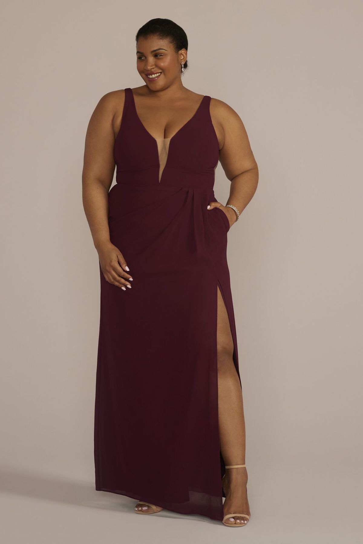 Vestido de dama sin mangas con escote profundo, VINO, hi-res