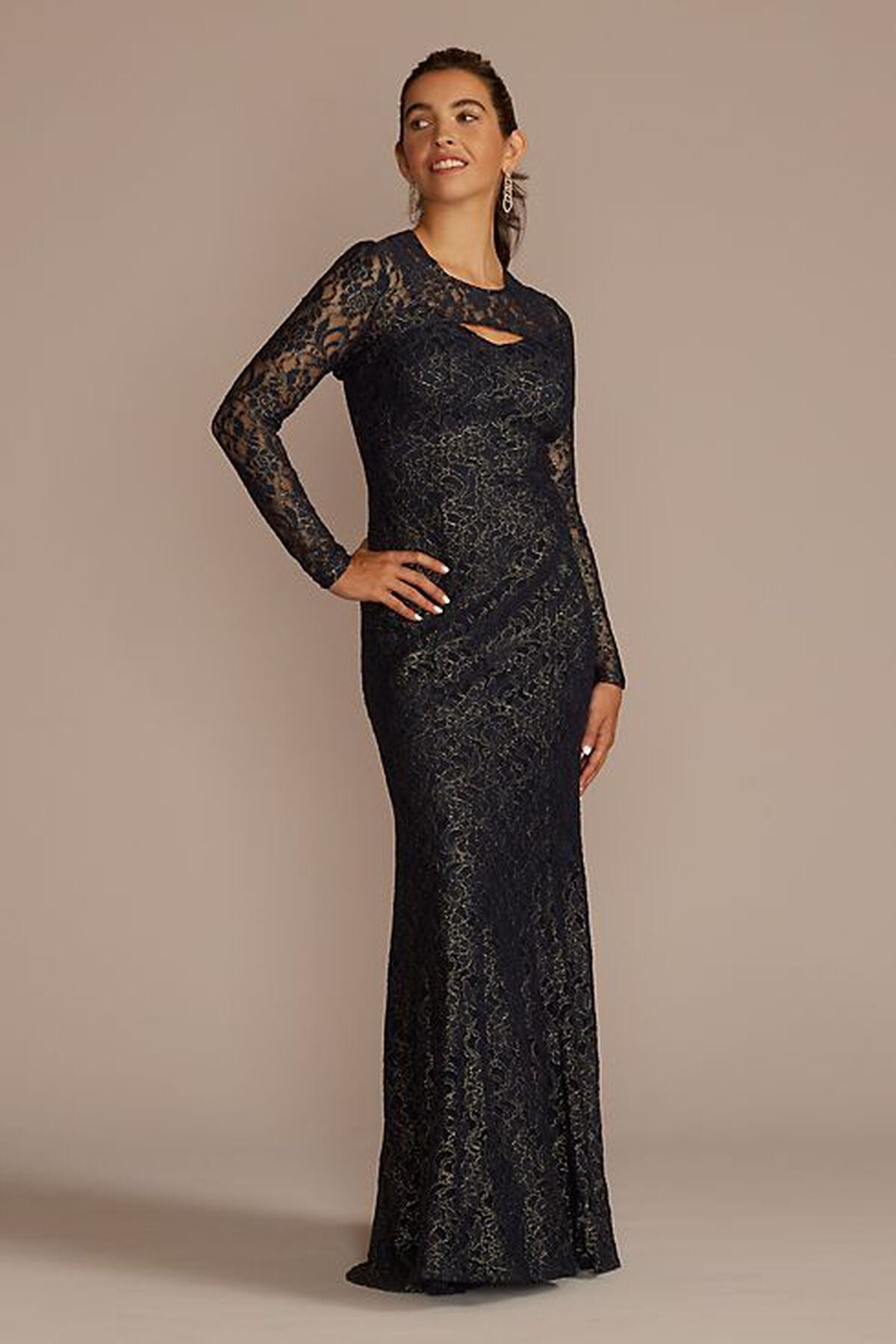 Vestido largo de encaje metalizado con bolero de mangas largas, MARINO/ORO, hi-res