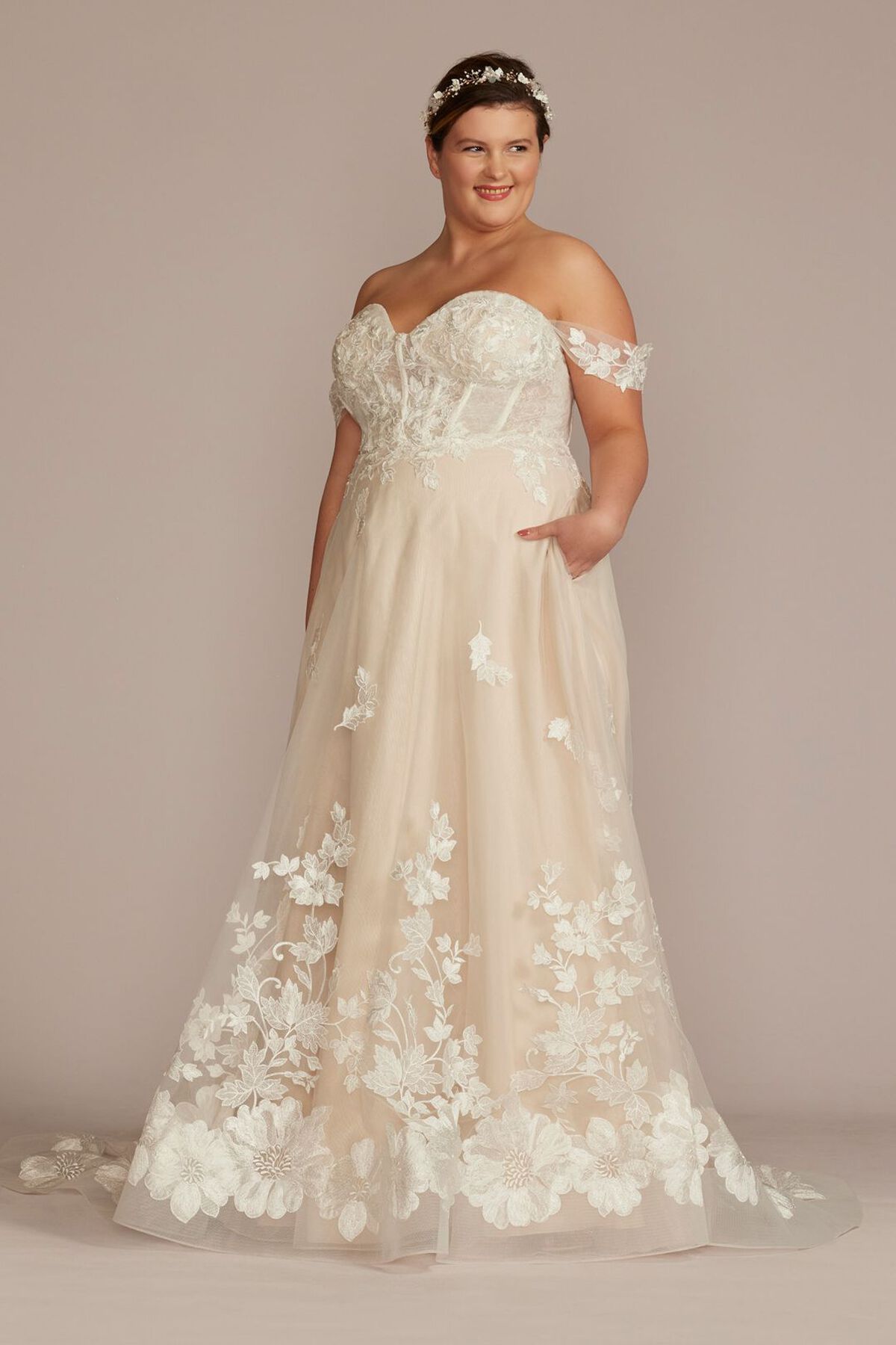 Vestido de novia strapless con corset y mangas desmontables, MARFIL/PIEDRA, hi-res