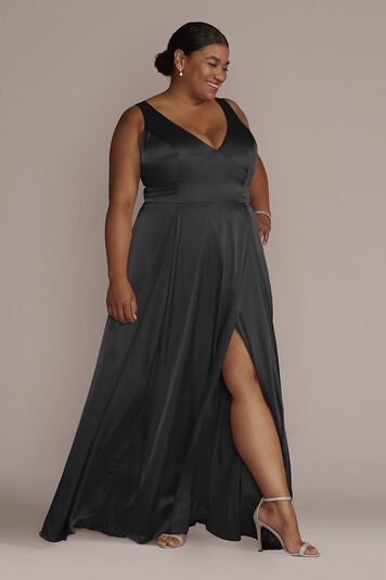 Vestido de dama con escote en V y abertura en pierna, NEGRO, hi-res image number null