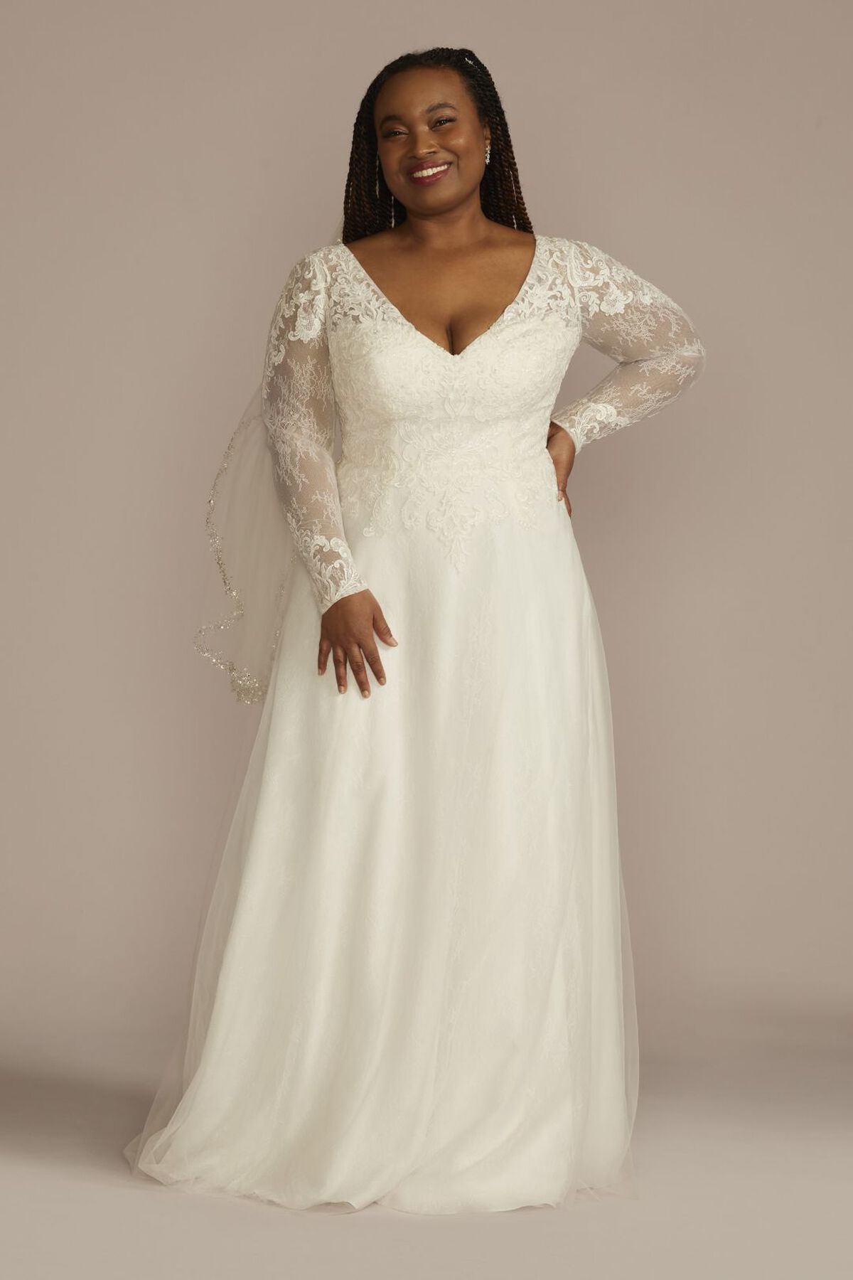 Vestido de novia l&iacute;nea A con mangas largas de encaje, MARFIL, hi-res