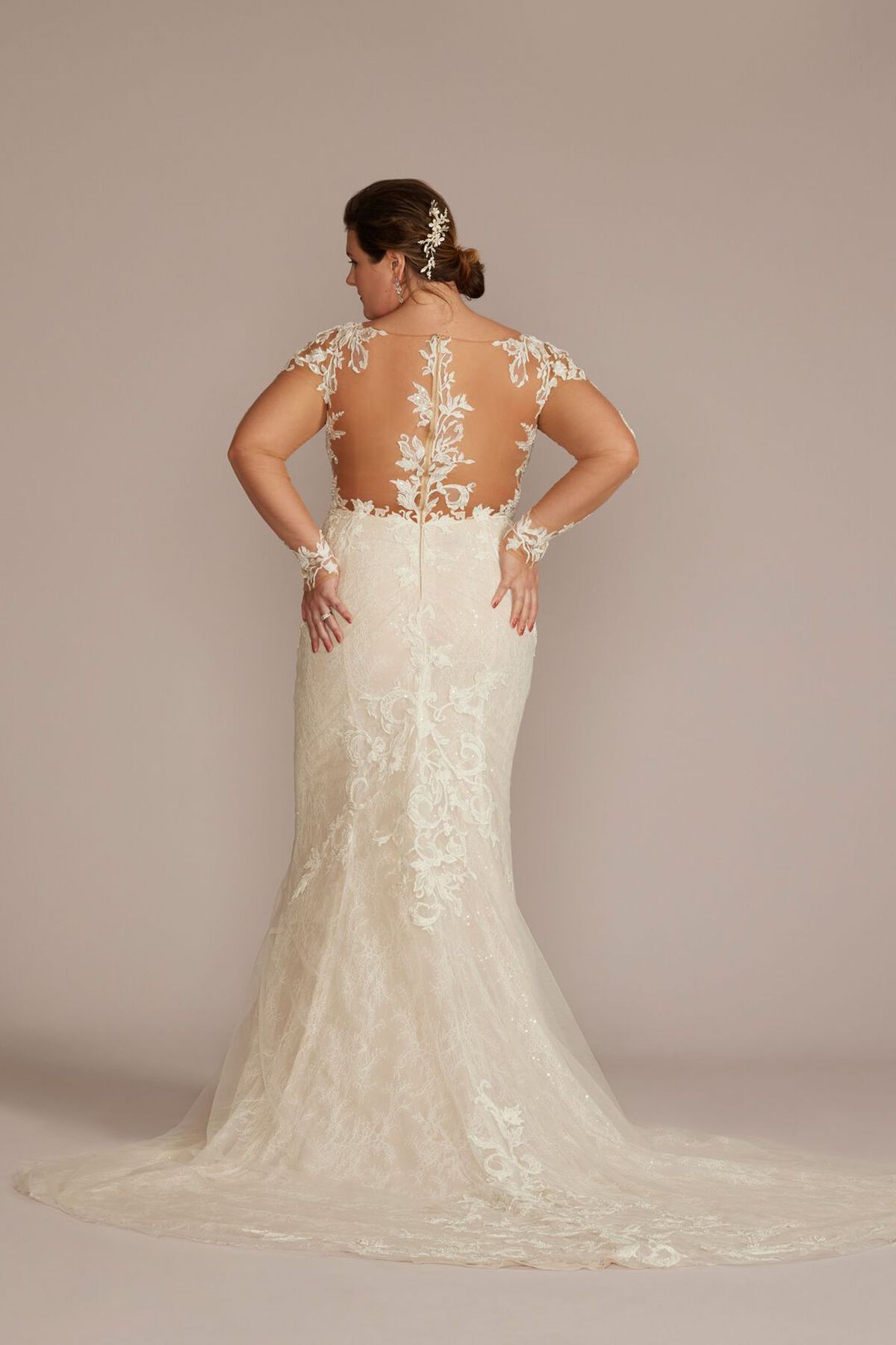 Vestido de novia recto con mangas largas y transparencias en espalda, MARFIL/PIEDRA, hi-res