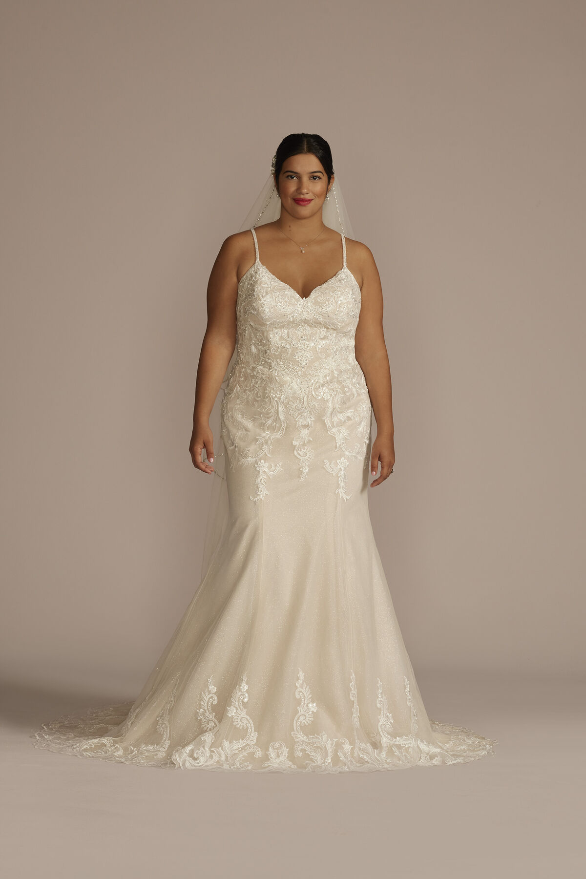 Vestido de novia sirena con tirantes finos y aplicaciones de encaje, MARFIL/PIEDRA, hi-res