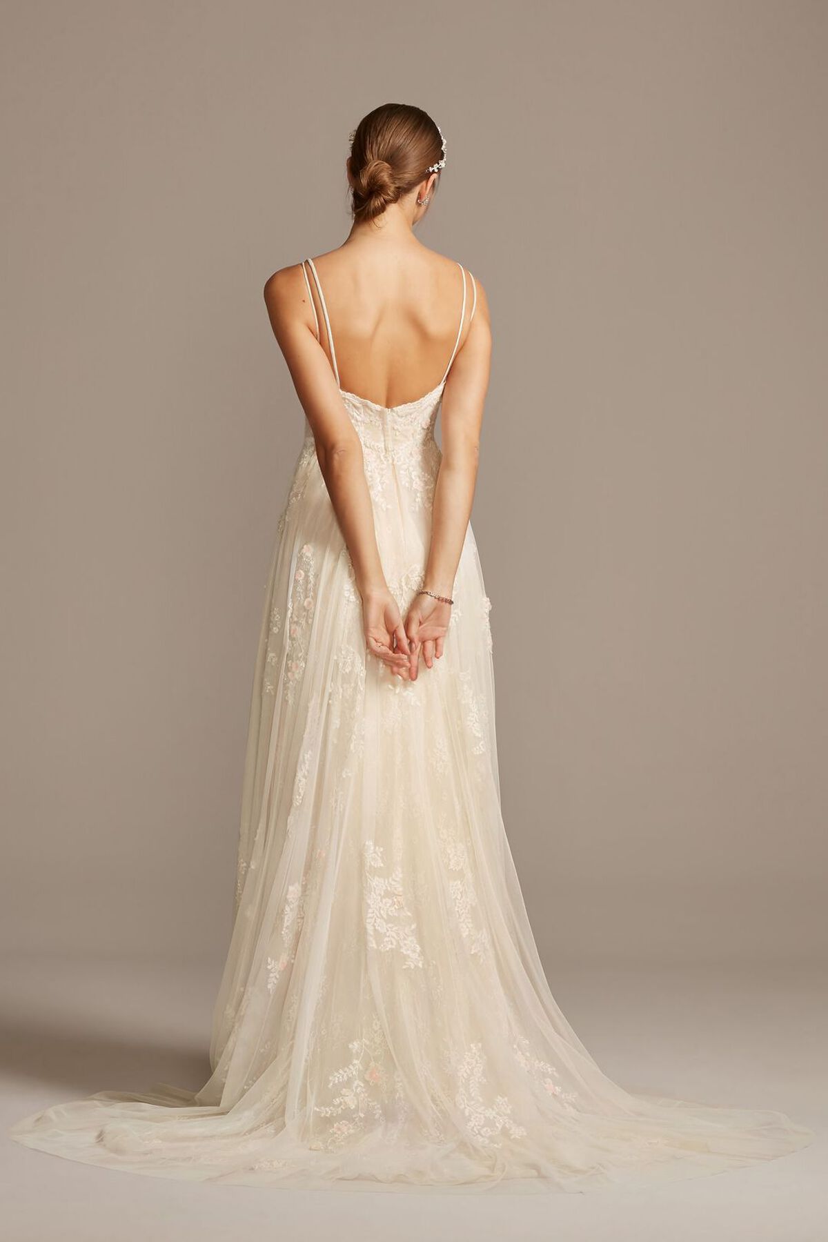 Vestido de novia l&iacute;nea A con aplicaciones florales, MARFIL CH, hi-res