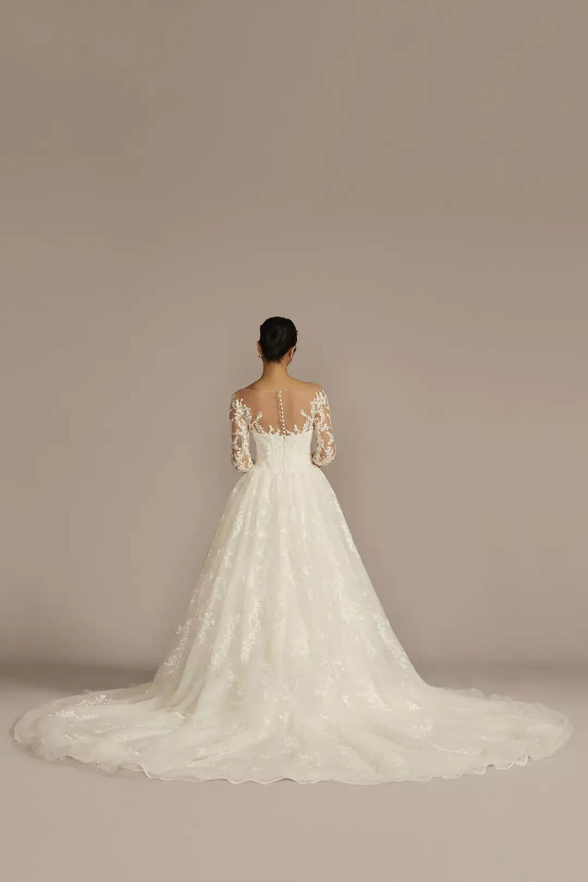 Vestido de novia con mangas y escote ilusi&oacute;n, MARFIL/PIEDRA, hi-res
