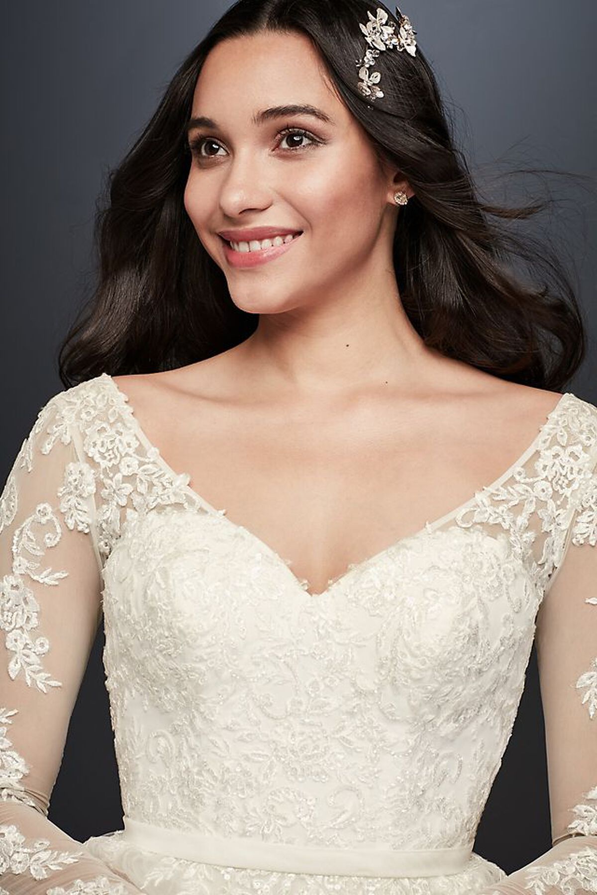 Vestido de novia l&iacute;nea A con mangas largas y escote en espalda, MARFIL, hi-res