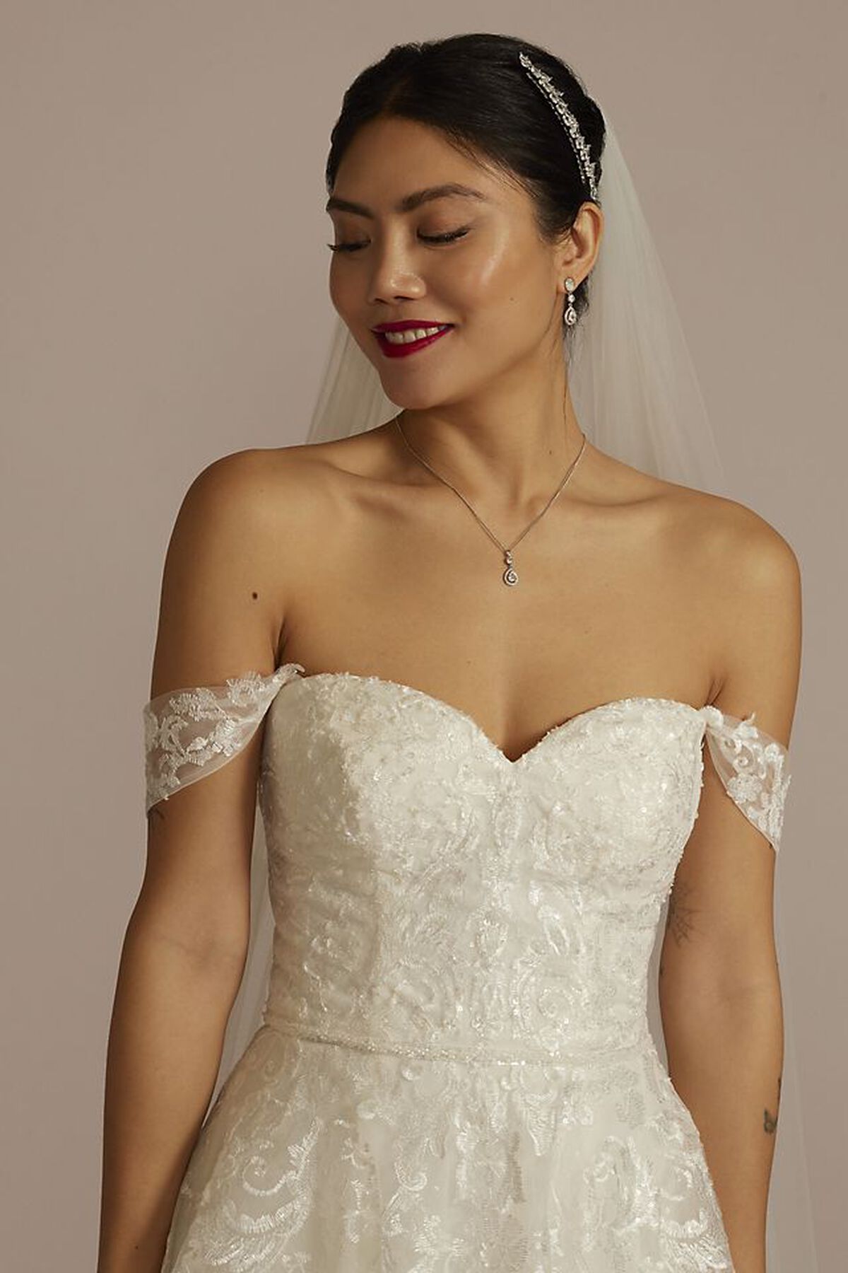 Vestido de novia l&iacute;nea A con falda de tul y mangas desmontables, MARFIL, hi-res