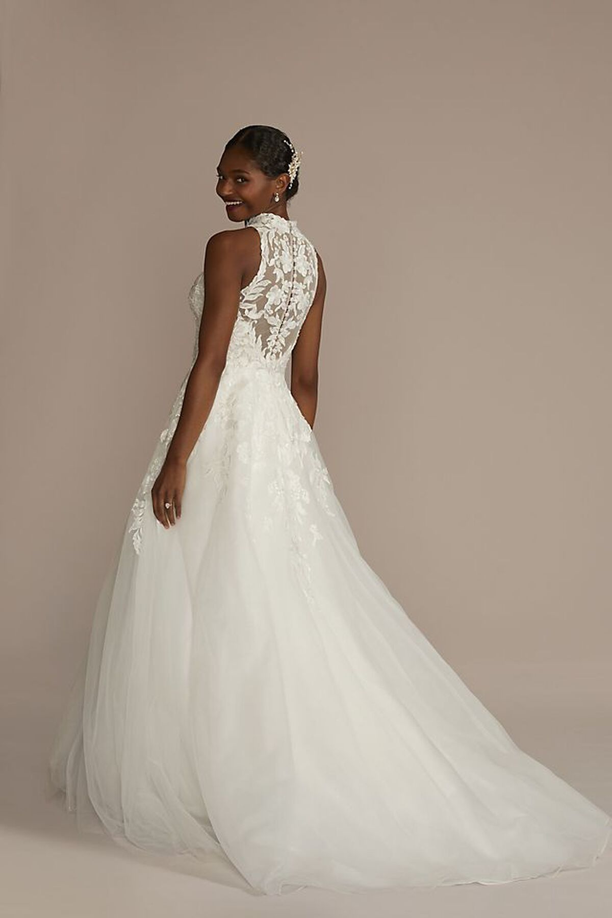 Vestido de novia con aplicaciones de encaje y escote halter, BLANCO SOLIDO, hi-res