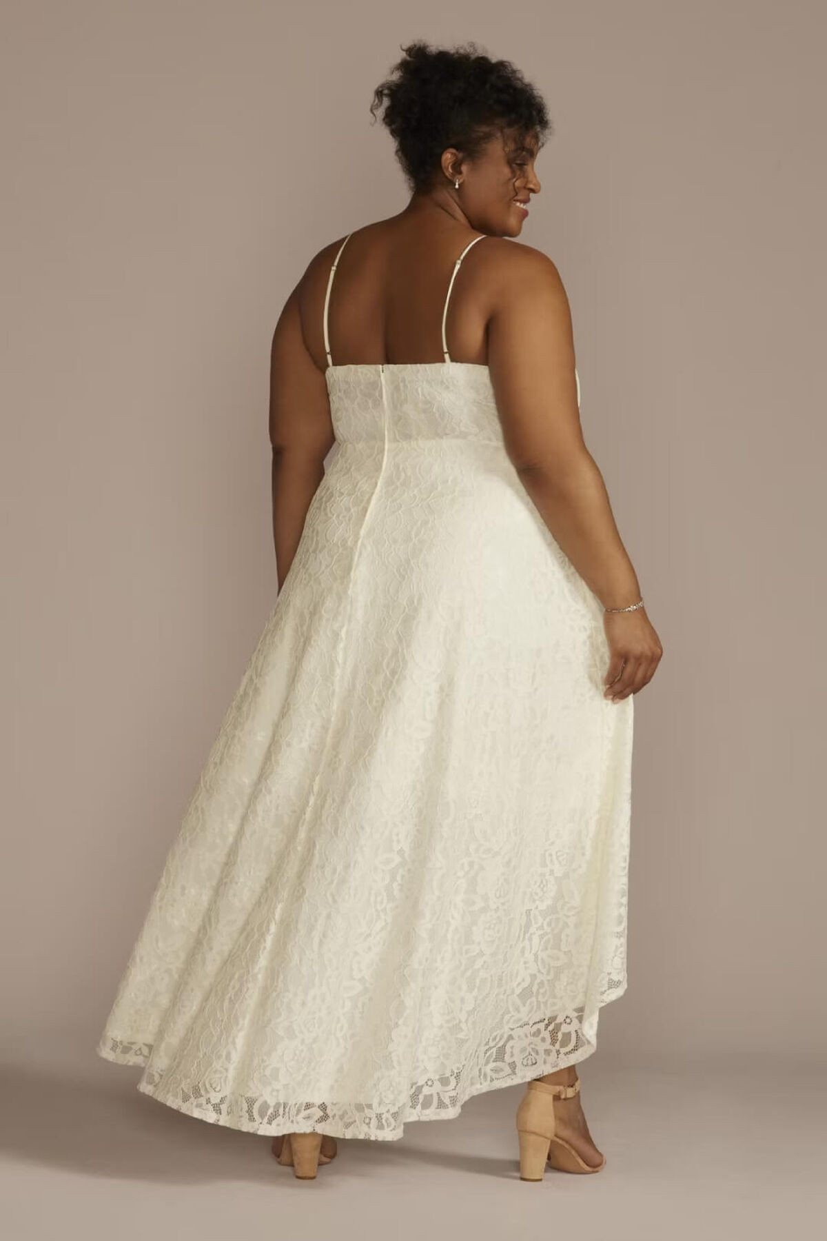 Vestido de novia midi de encaje con falda asim&eacute;trica, MARFIL, hi-res