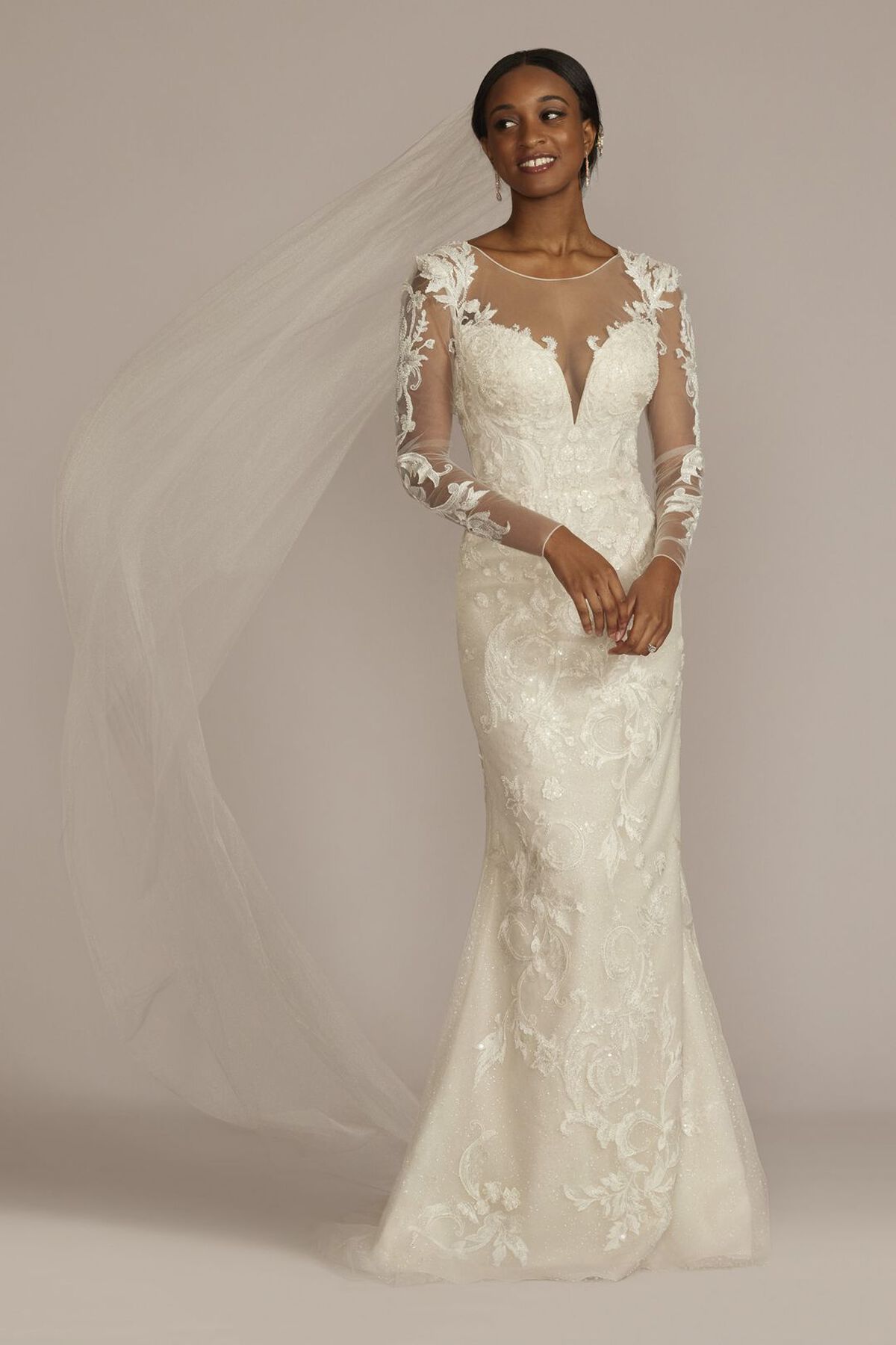 Vestido de novia sirena con falda desmontable y mangas largas, MARFIL/PIEDRA, hi-res