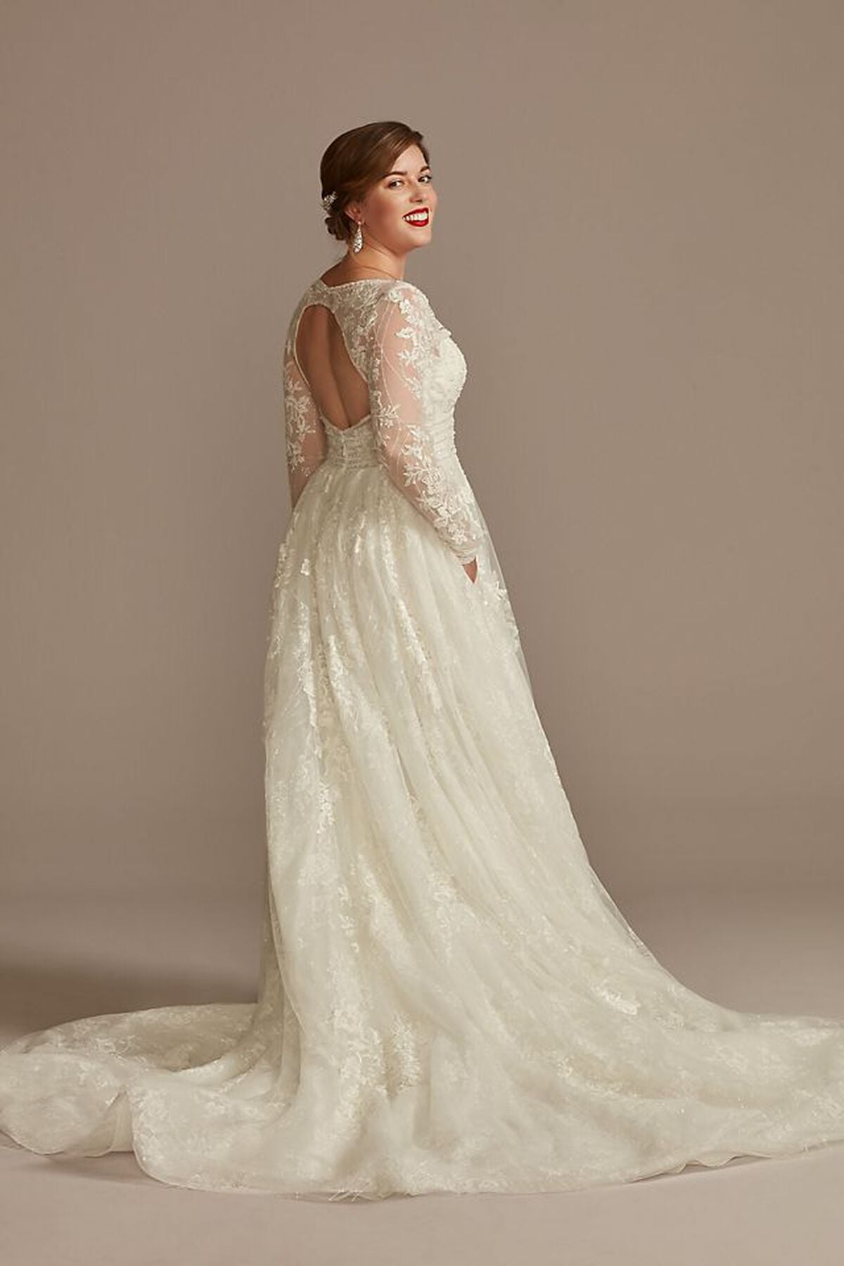 Vestido de novia princesa con mangas largas de encaje, MARFIL, hi-res