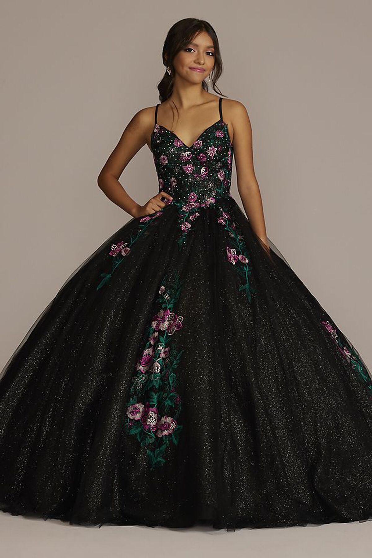 Vestido de quincea&ntilde;era con aplicaciones florales y bolero, NEGRO/MULTI, hi-res