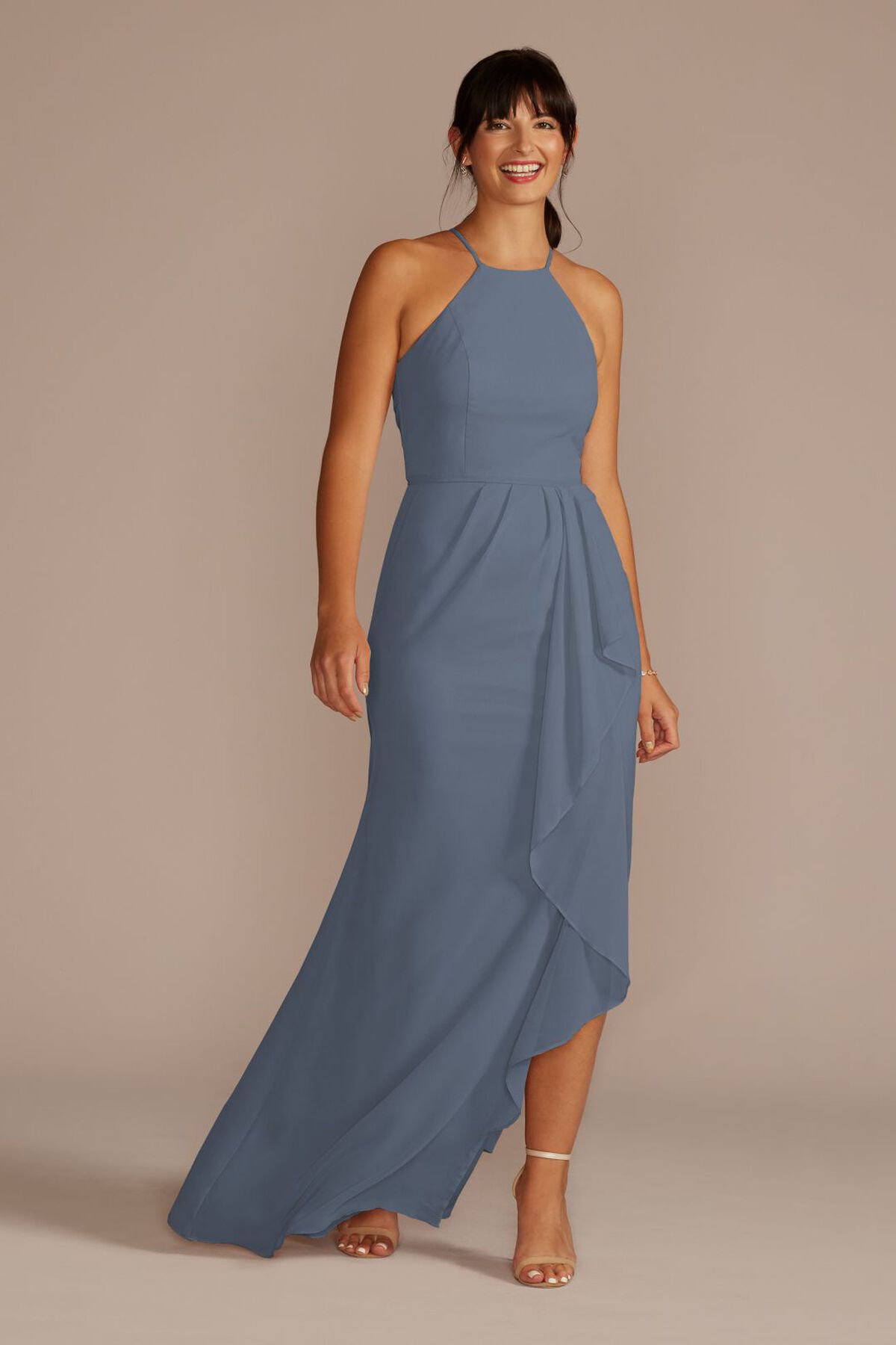 Vestido de dama con escote halter con tirantes y falda tipo cascada, AZUL FRANC&Eacute;S, hi-res