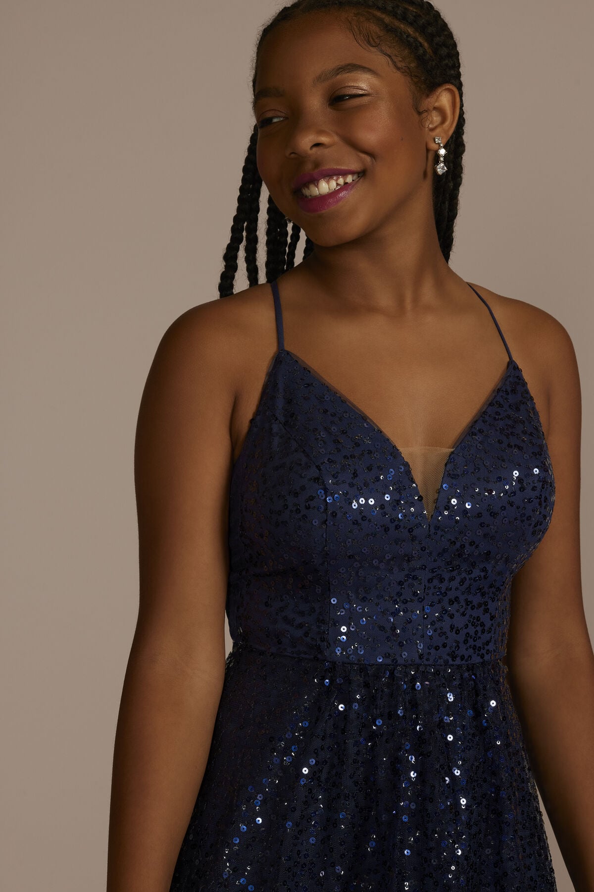 Vestido largo de lentejuela con escote en V y silueta princesa, NAVAL, hi-res