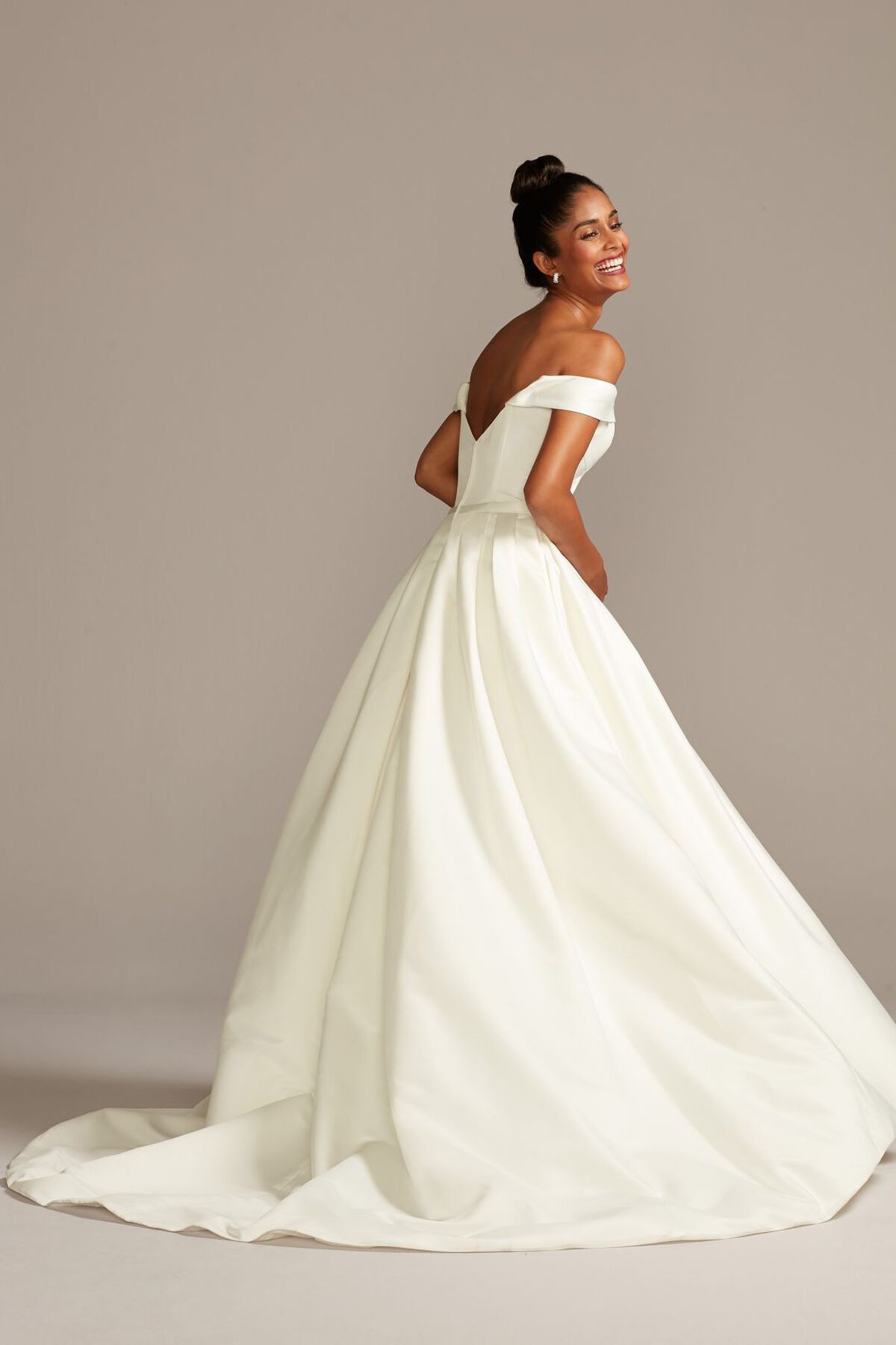 Vestido de novia princesa de sat&iacute;n y mangas al hombro, MARFIL, hi-res