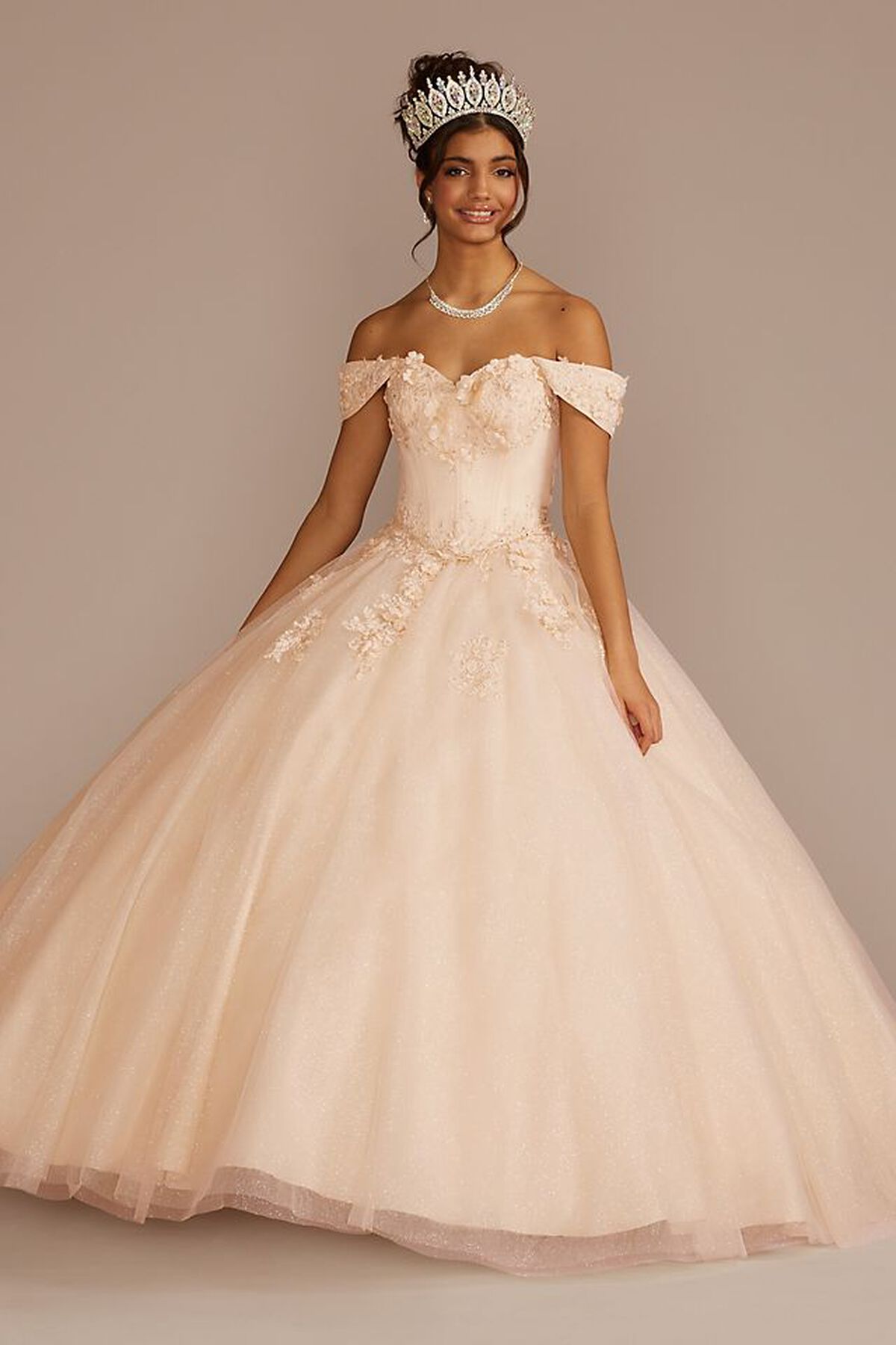 Vestido de quincea&ntilde;era con mangas ca&iacute;das al hombro removibles, CHAMPAGNE, hi-res