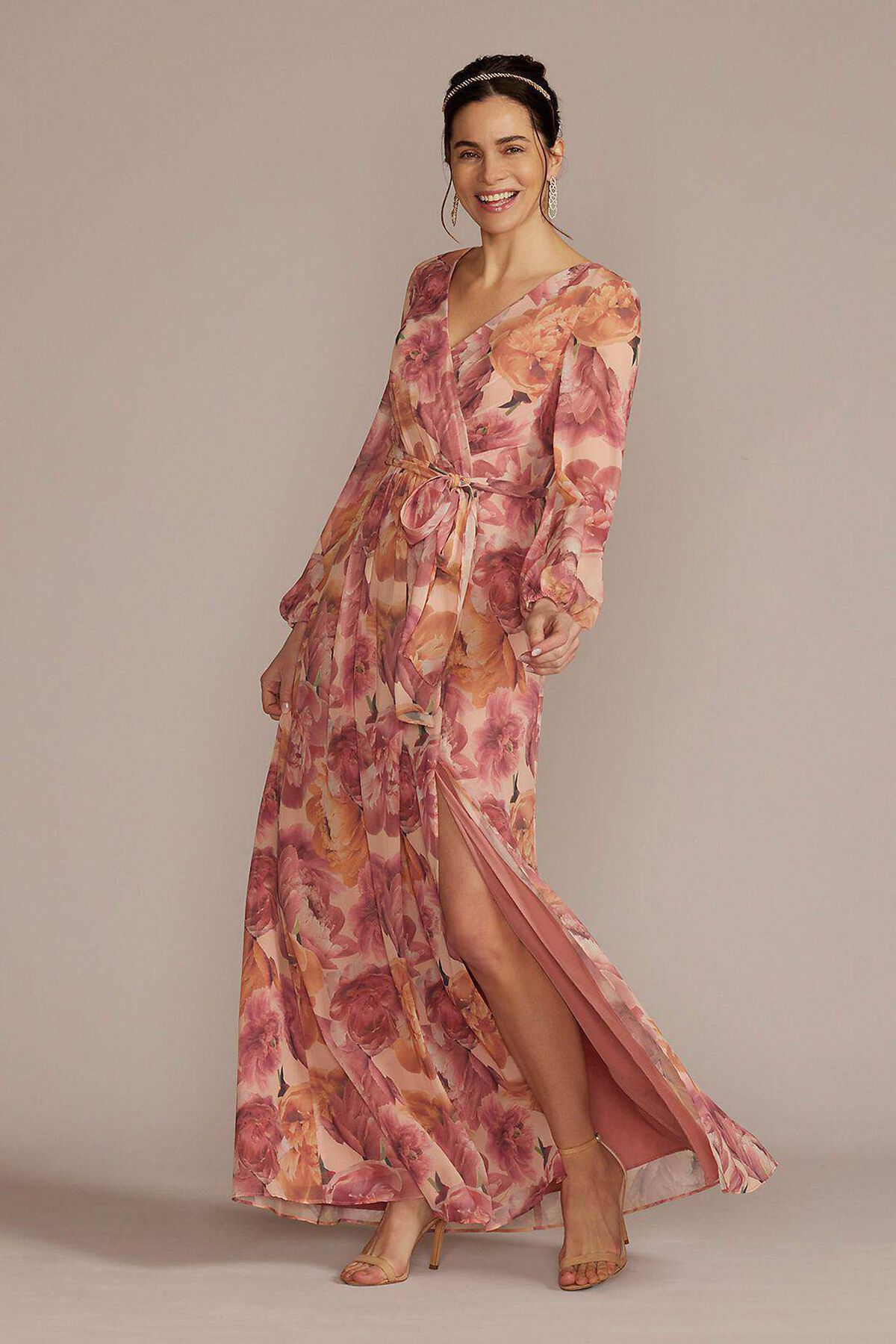 Vestido largo con estampado floral de mangas largas, ROSE, hi-res