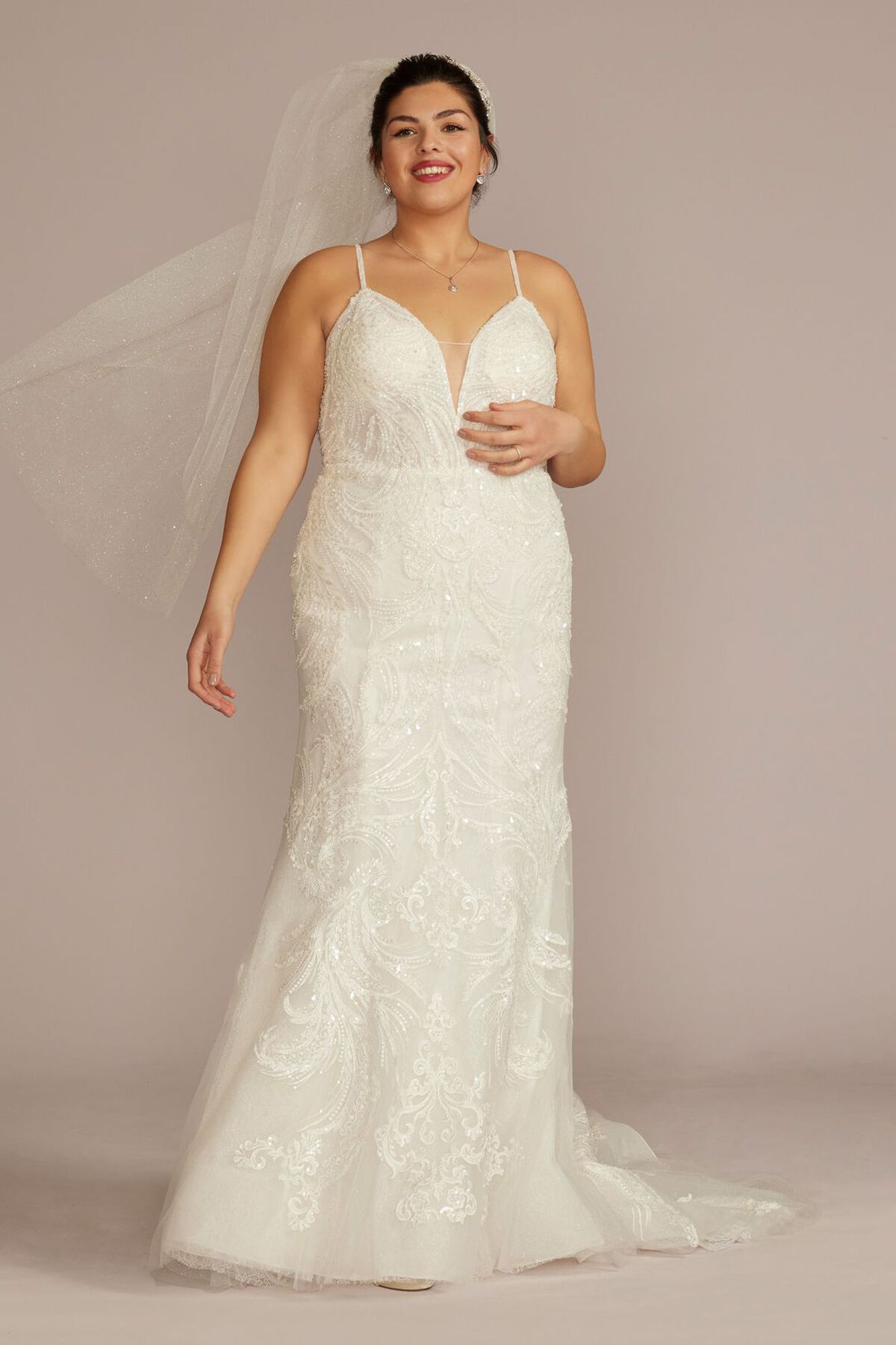 Vestido de novia sirena con escote profundo y aplicaciones brillantes, MARFIL, hi-res