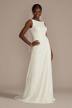 Vestido de novia recto con lentejuela y escote redondo