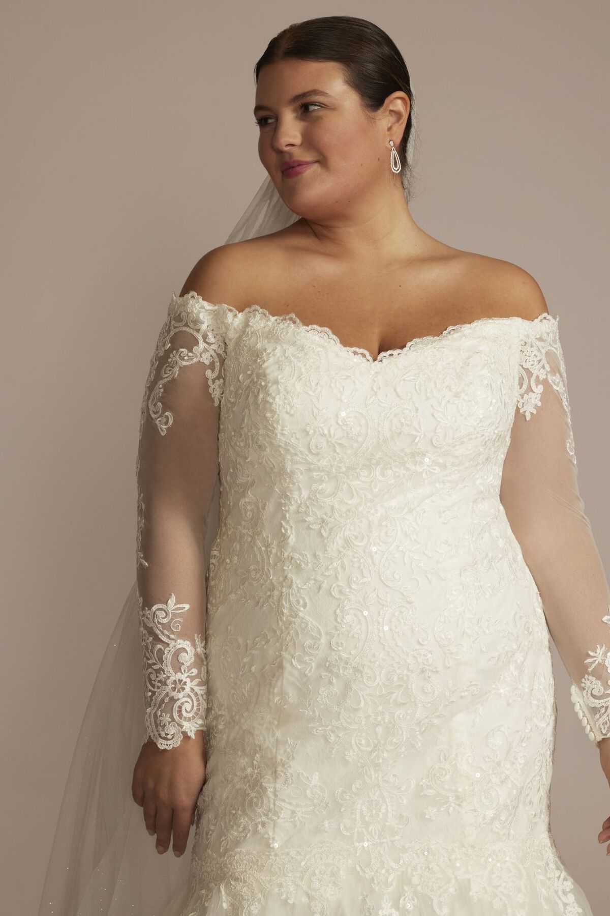Vestido de novia sirena con mangas largas y hombros descubiertos, MARFIL, hi-res