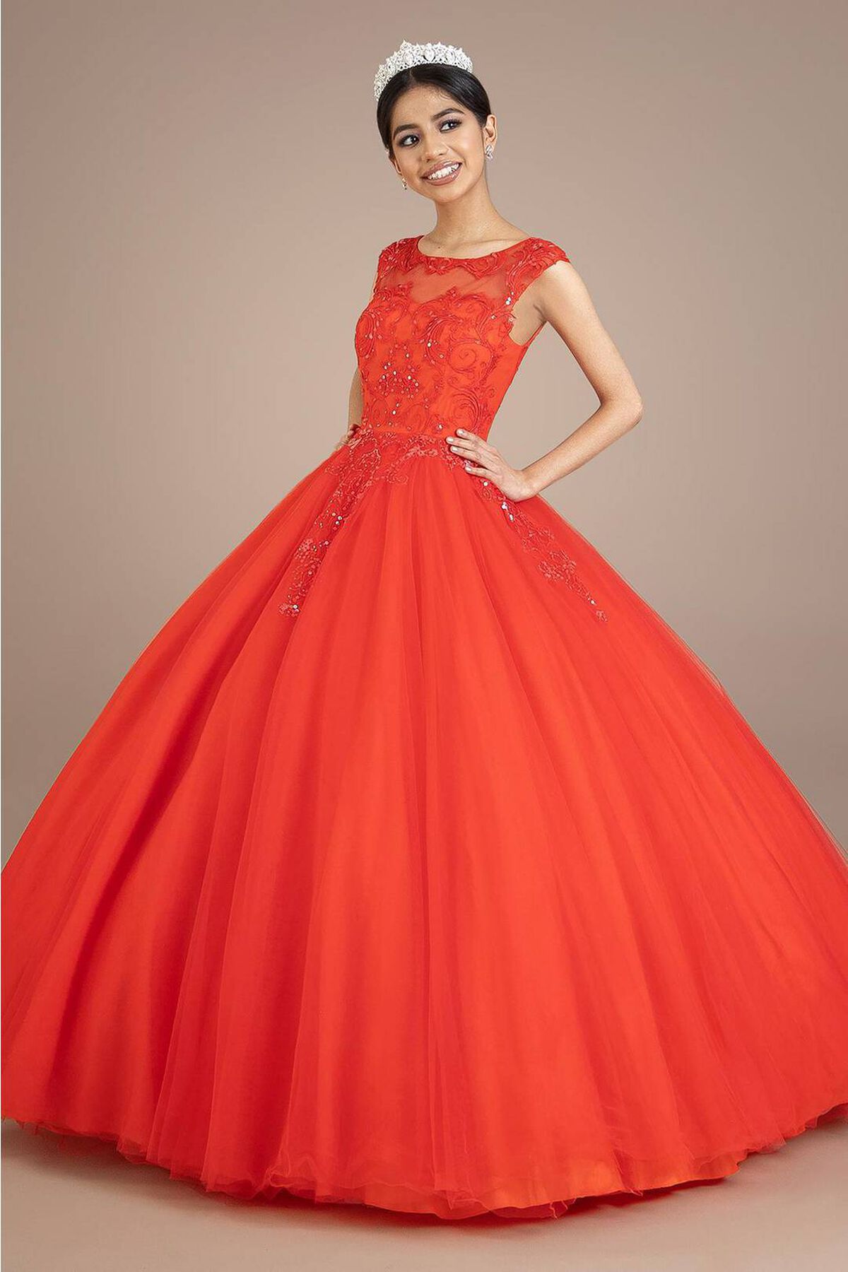 Vestido xv a&ntilde;os manga corta escote ilusi&oacute;n, ROJO INTENSO I, hi-res