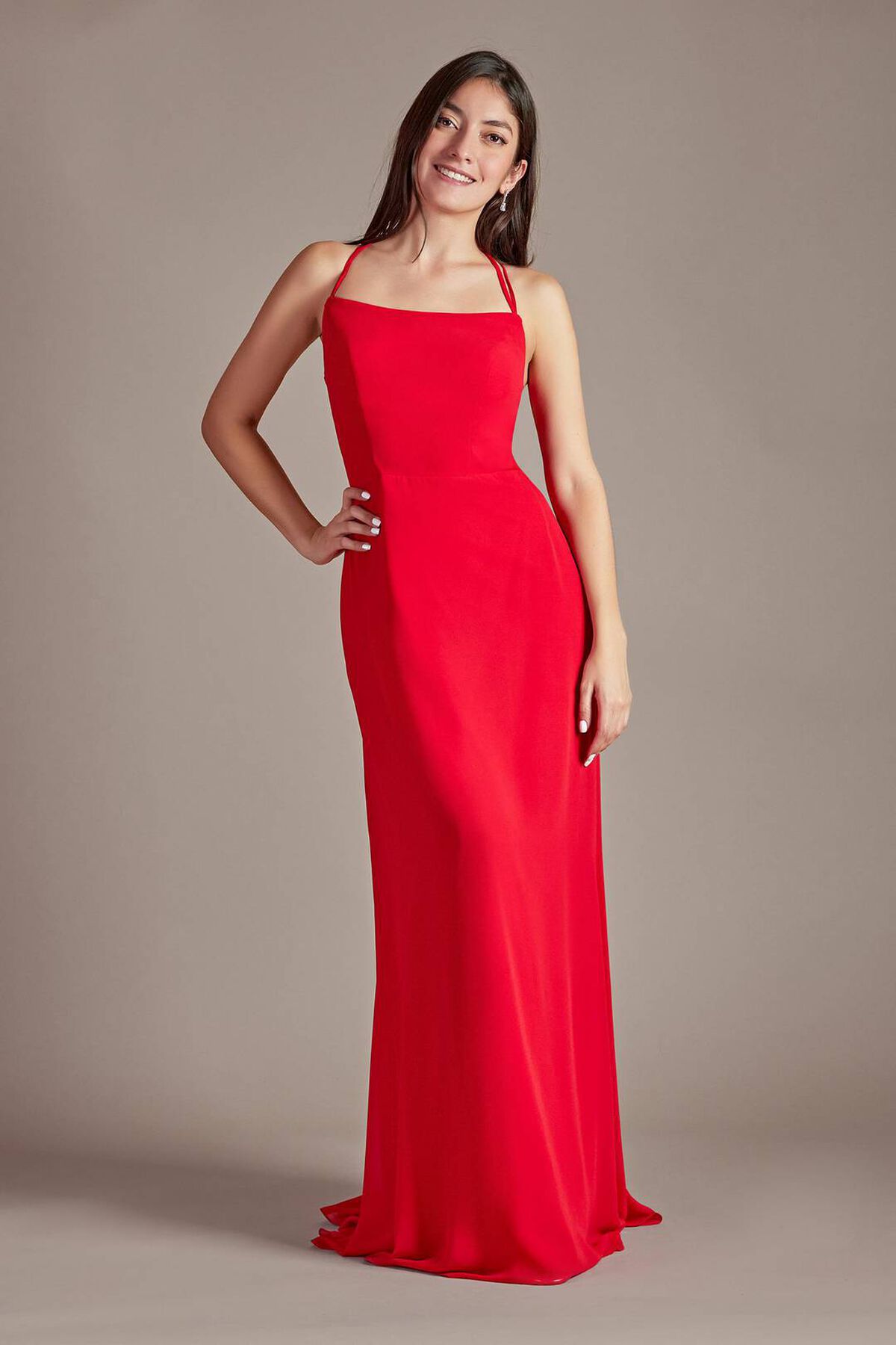 Vestido largo de crep&eacute; con escote recto y tirantes cruzados en espalda, RED, hi-res