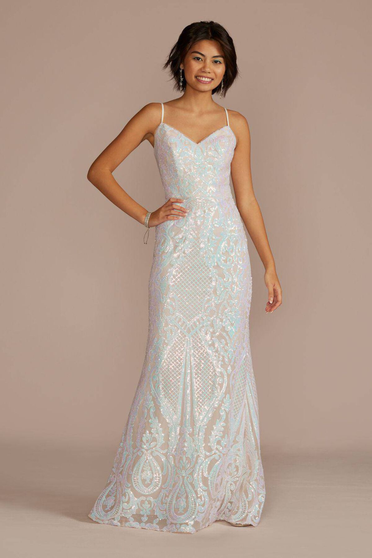 Vestido largo de lentejuela con tirantes, BLANCO, hi-res