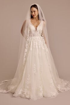 Velo catedral con encaje floral, MARFIL Velo catedral con encaje floral