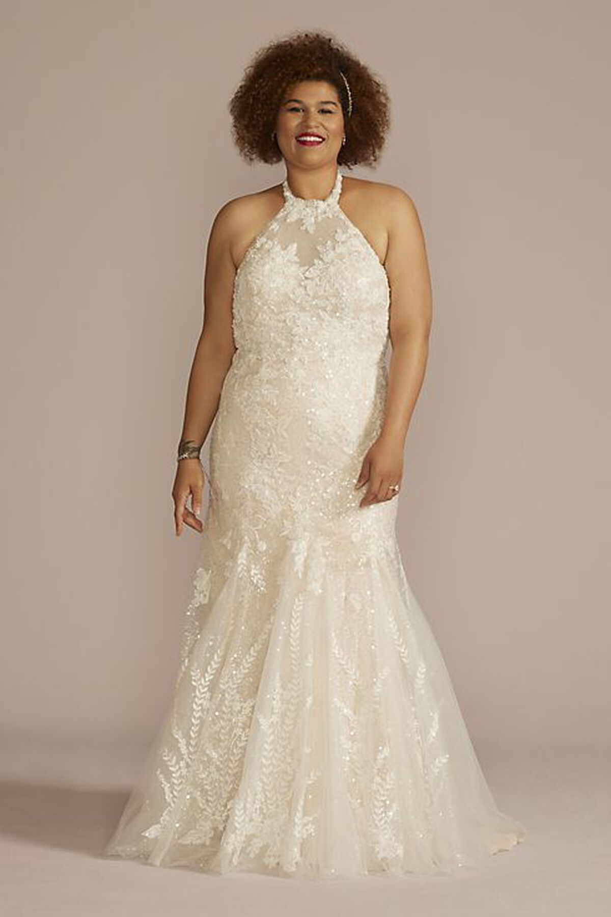 Vestido de novia sirena de encaje con escote halter, MARFIL SOLIDO, hi-res