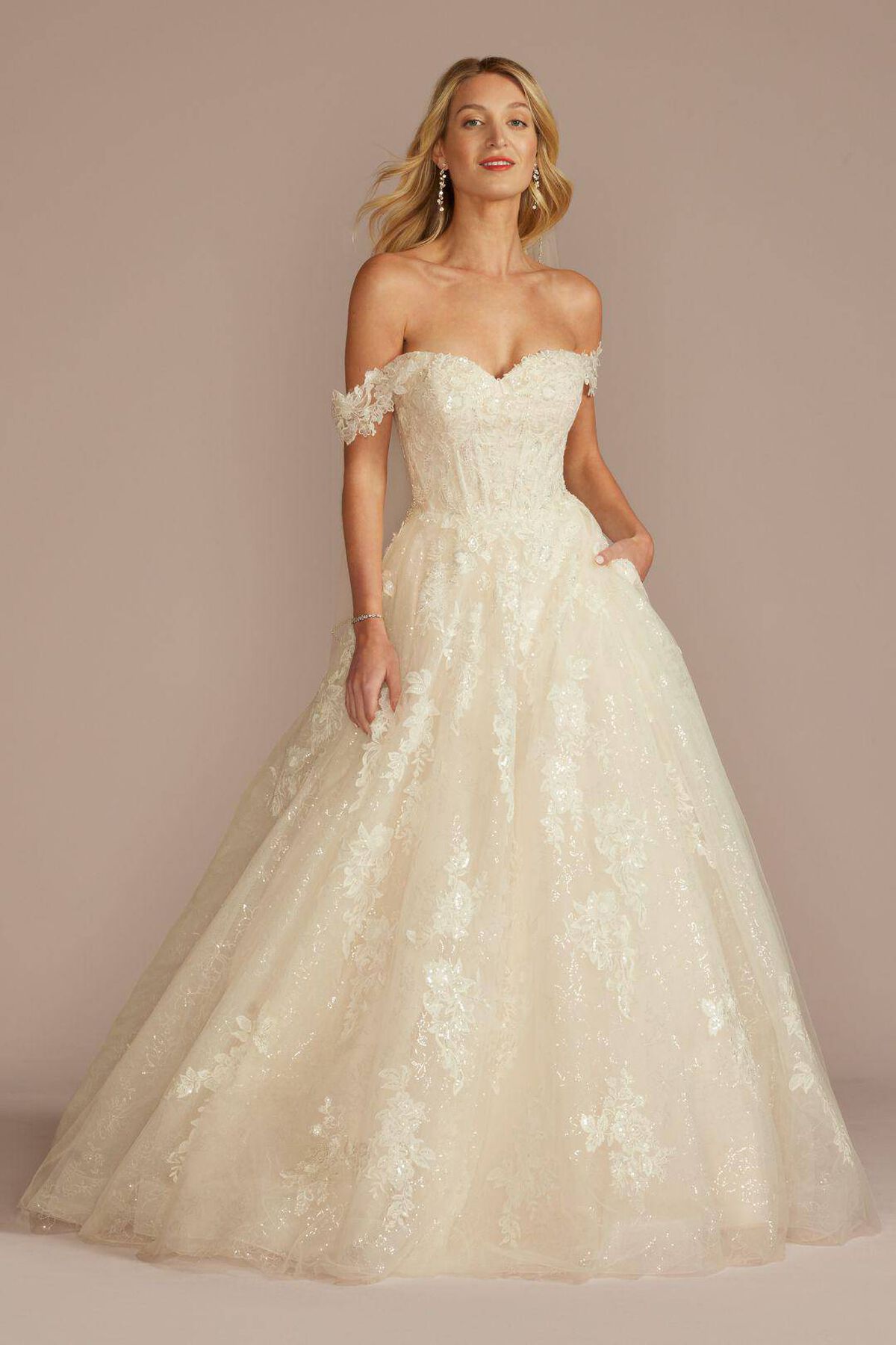 Vestido de novia princesa con mangas desmontables, MARFIL/PIEDRA, hi-res