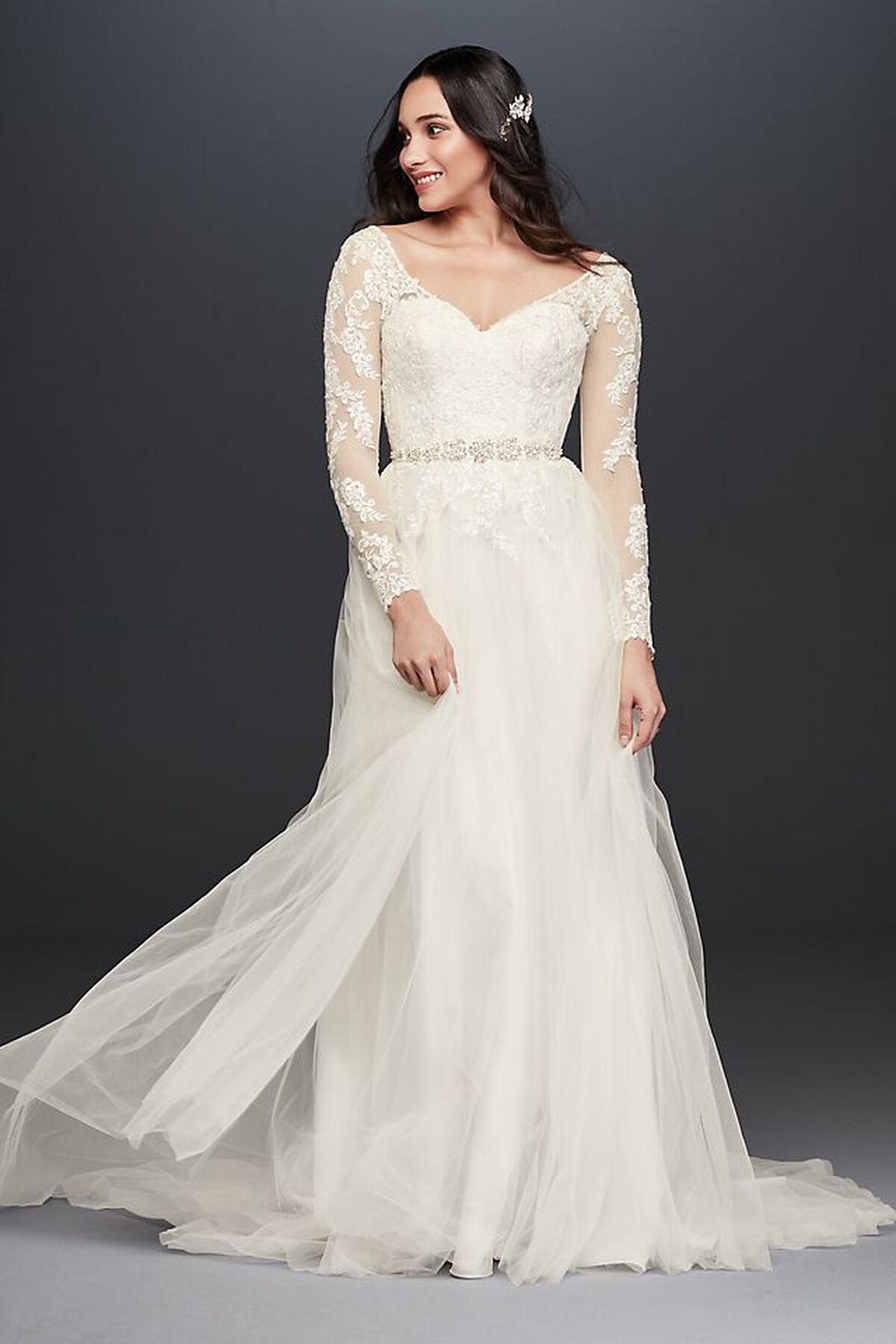 Vestido de novia l&iacute;nea A con mangas largas y escote en espalda, MARFIL, hi-res