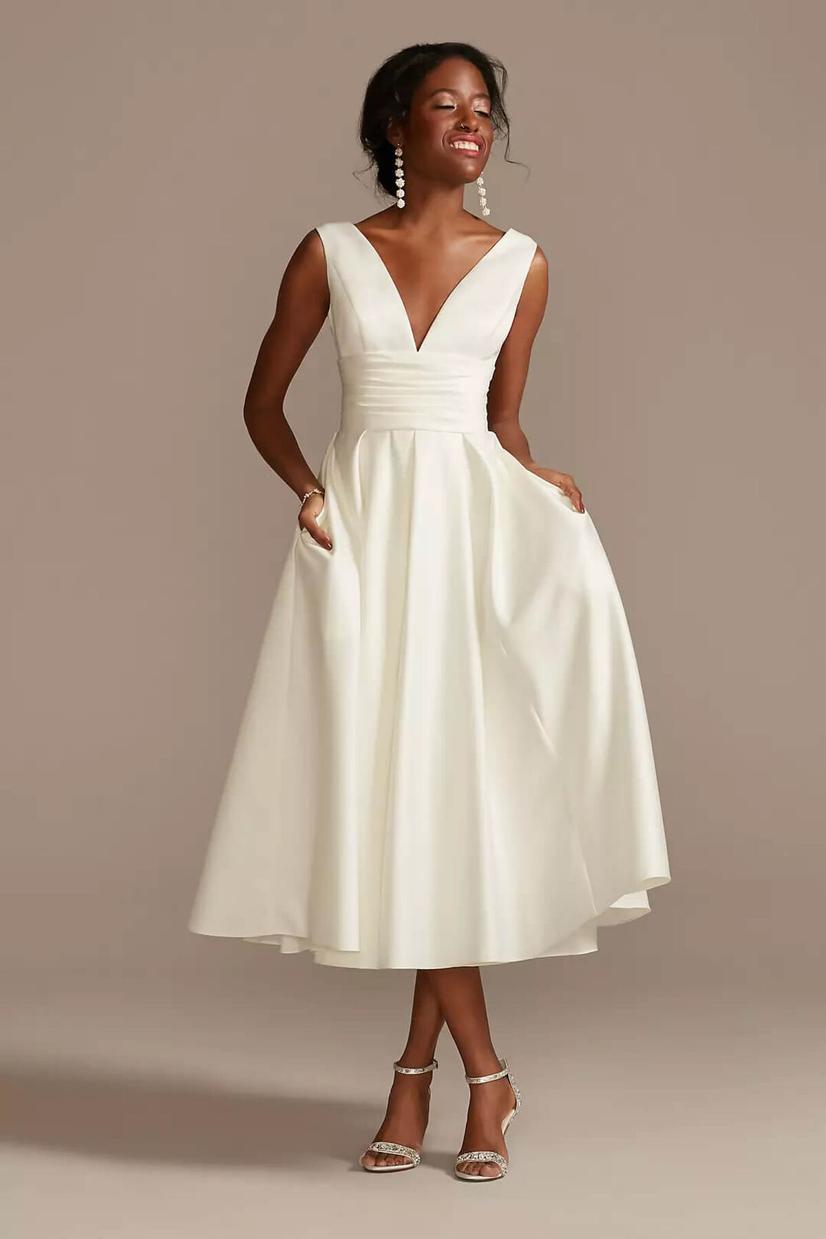 Vestido de novia midi satinado, MARFIL, hi-res