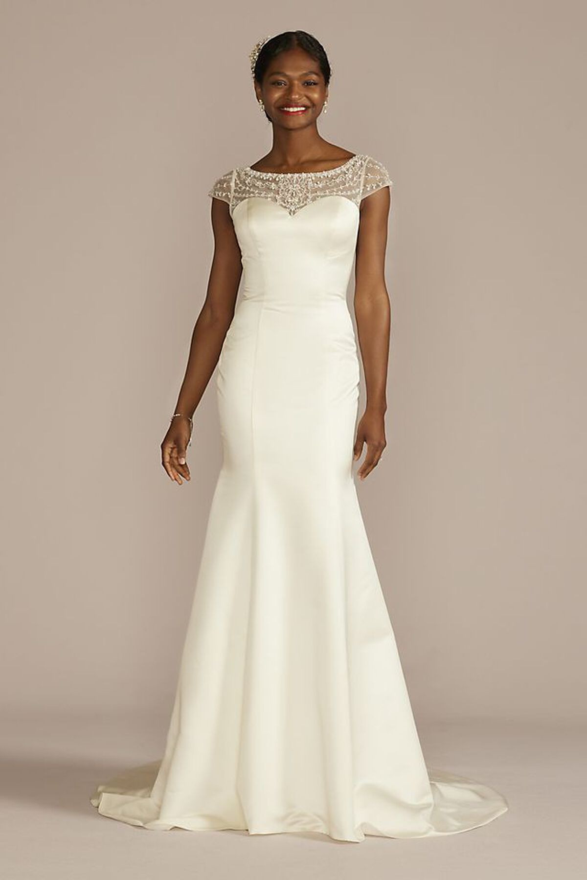Vestido de novia sirena de encaje con sat&iacute;n, MARFIL, hi-res