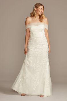 Vestido de novia sirena con mangas de tul al hombro