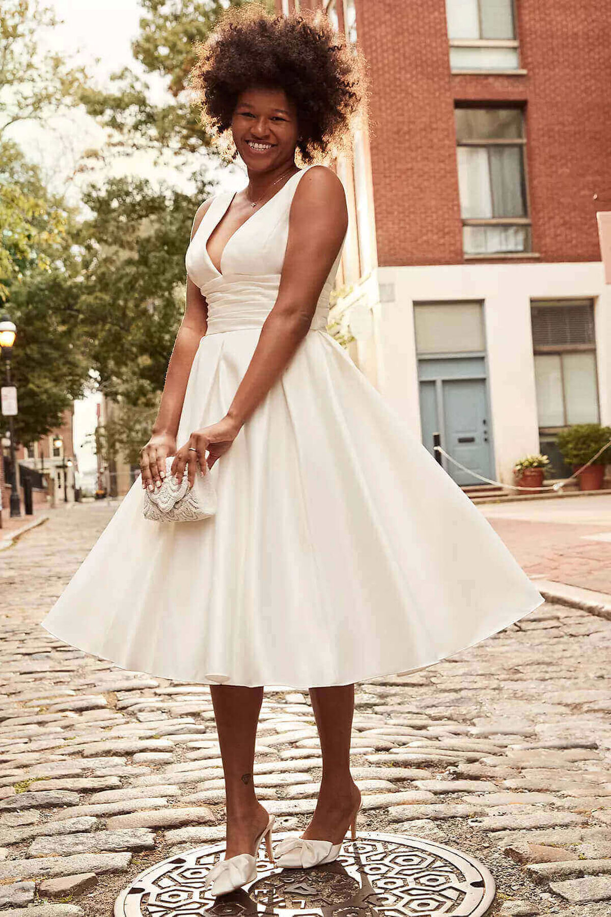 Vestido de novia midi satinado, MARFIL, hi-res