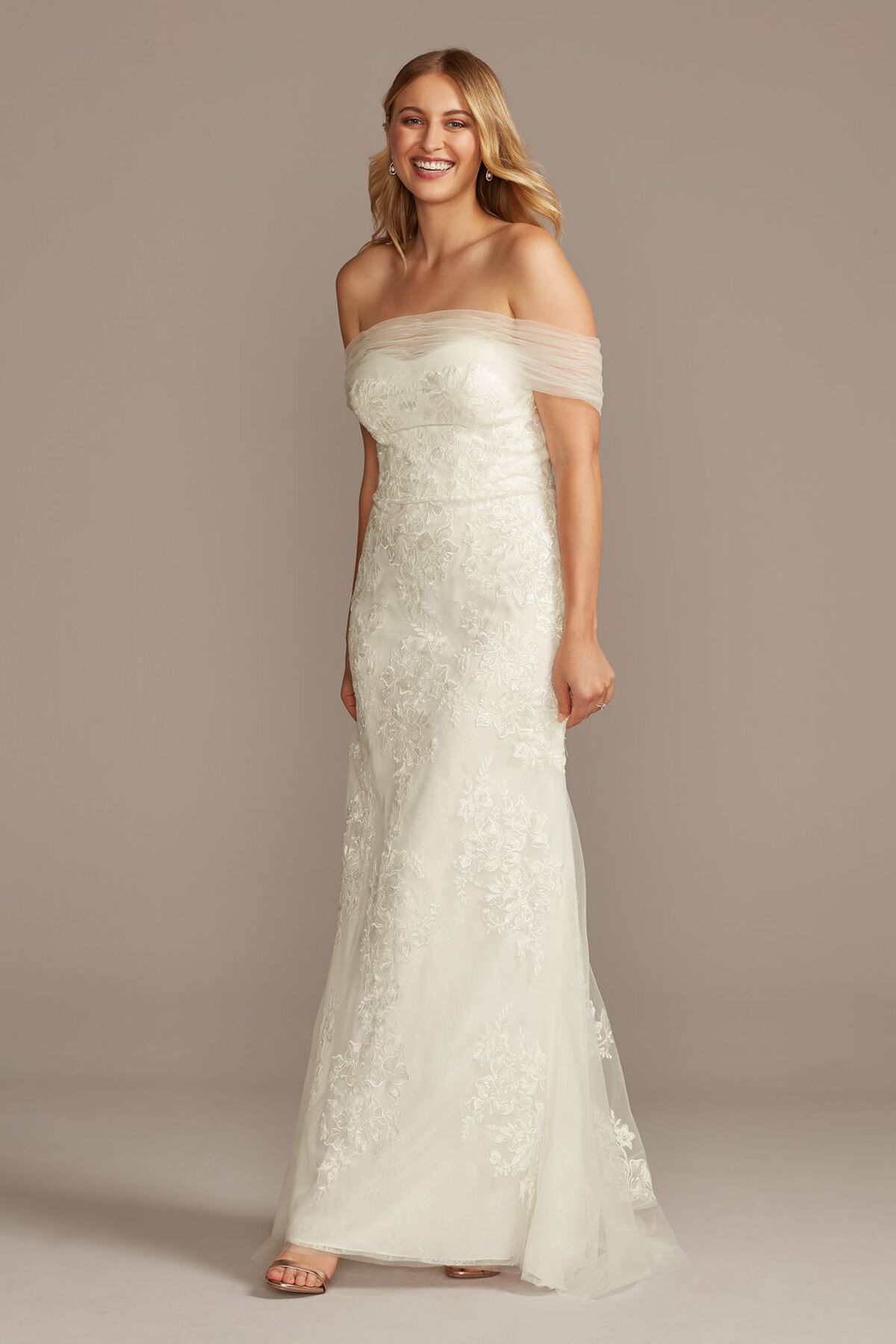 Vestido de novia sirena con mangas de tul al hombro, BLANCO, hi-res