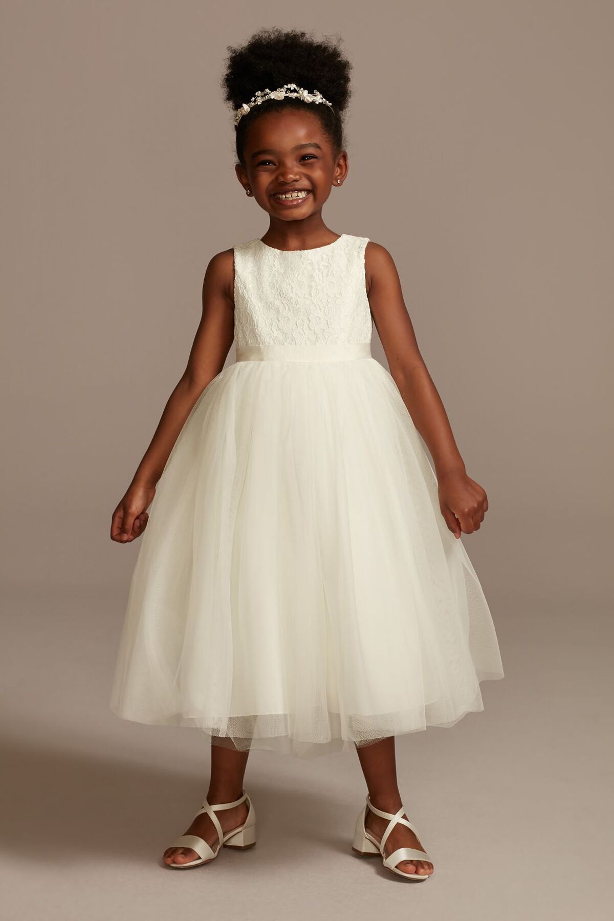 Vestido de primera comuni&oacute;n de encaje y tul, BLANCO, hi-res