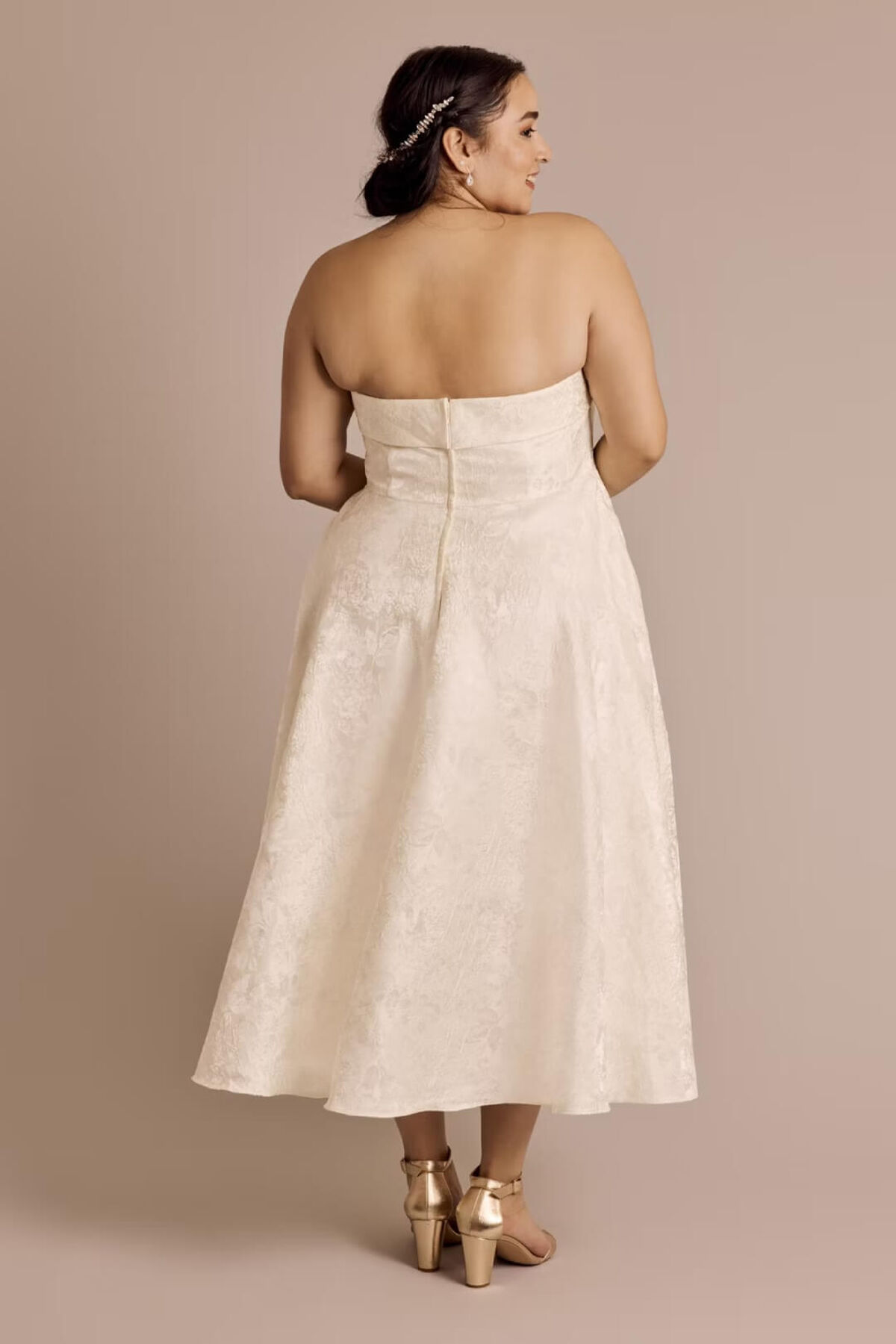 Vestido de novia midi de jaquard floral, MARFIL, hi-res