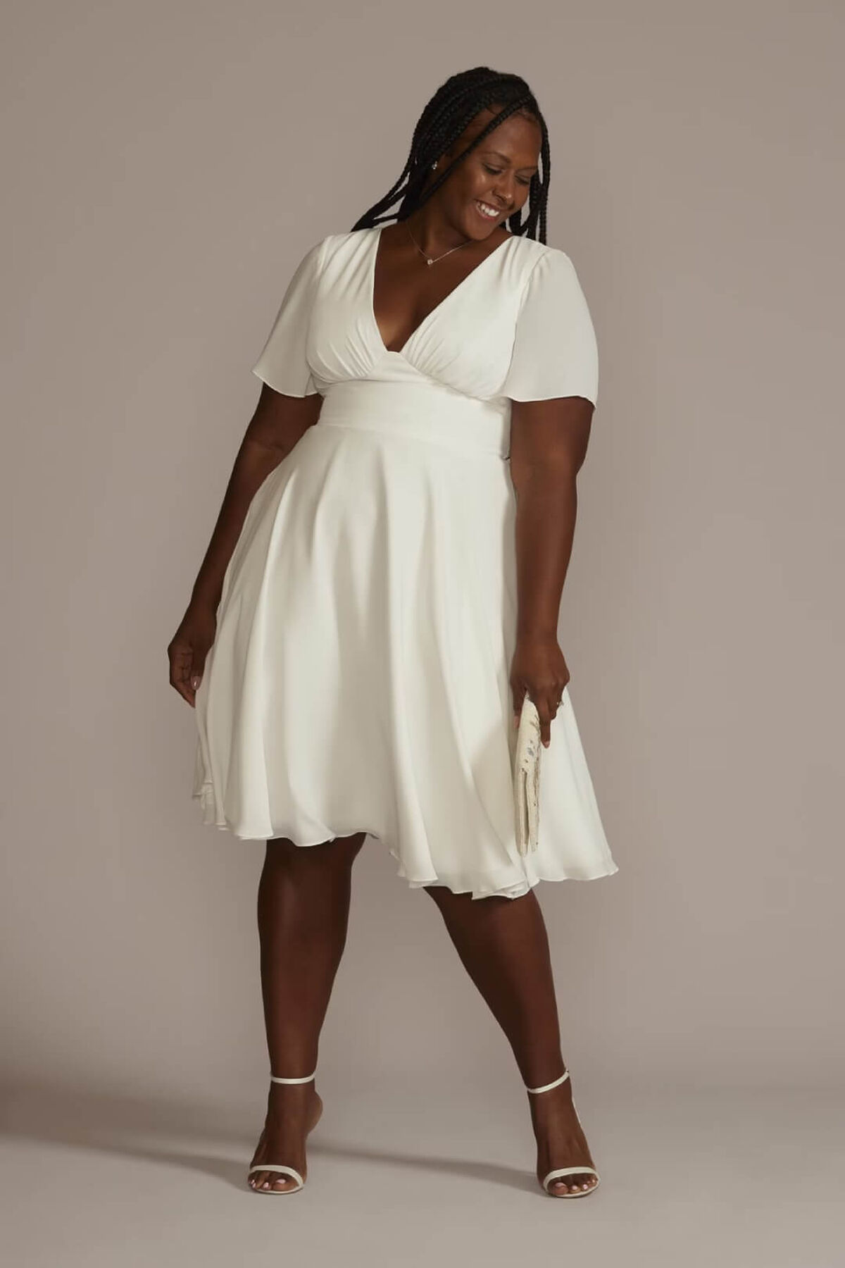 Vestido de novia midi con mangas cortas y escote V, BLANCO SUAVE, hi-res