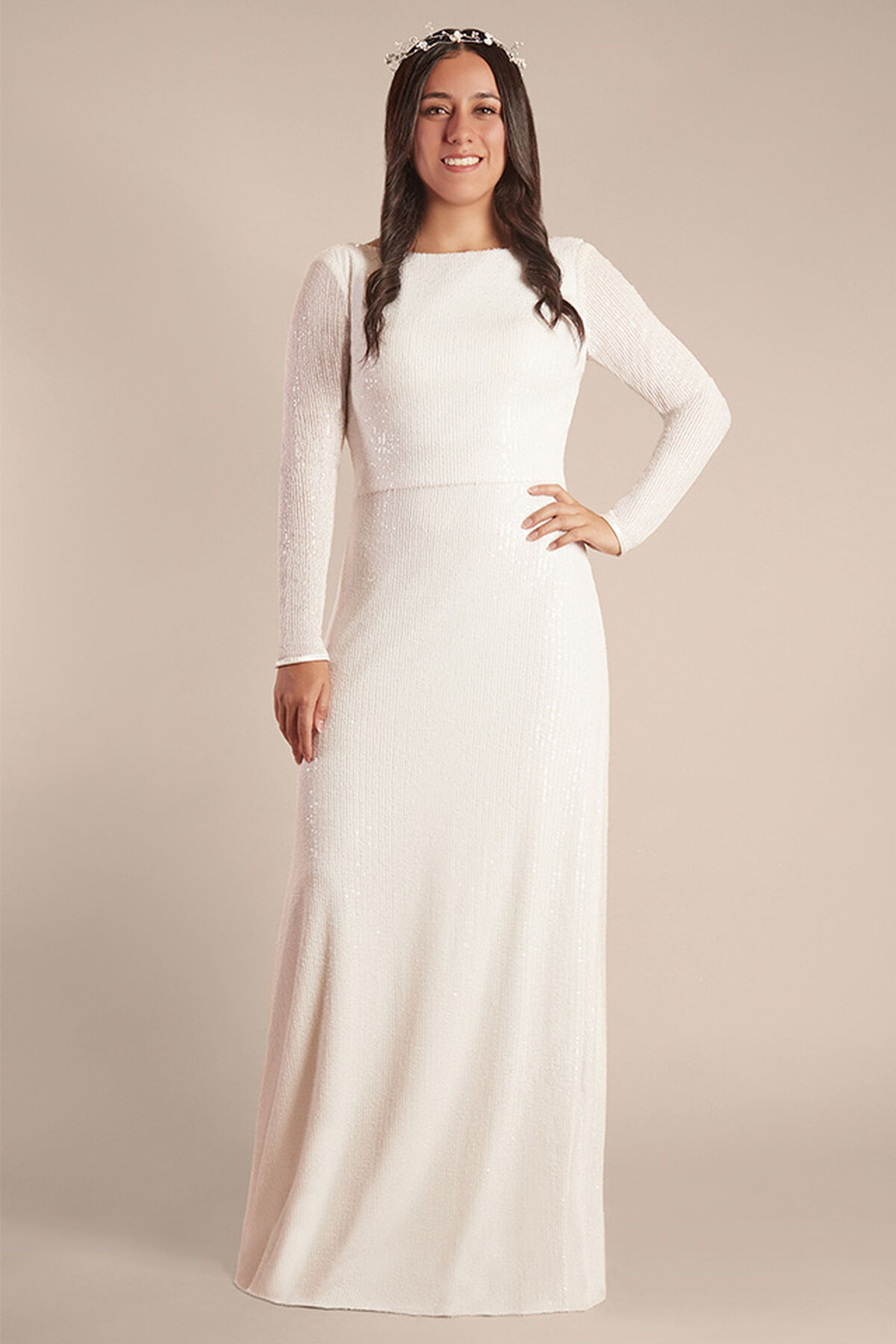 Vestido de novia recto de lentejuela y mangas largas., BLANCO SUAVE, hi-res
