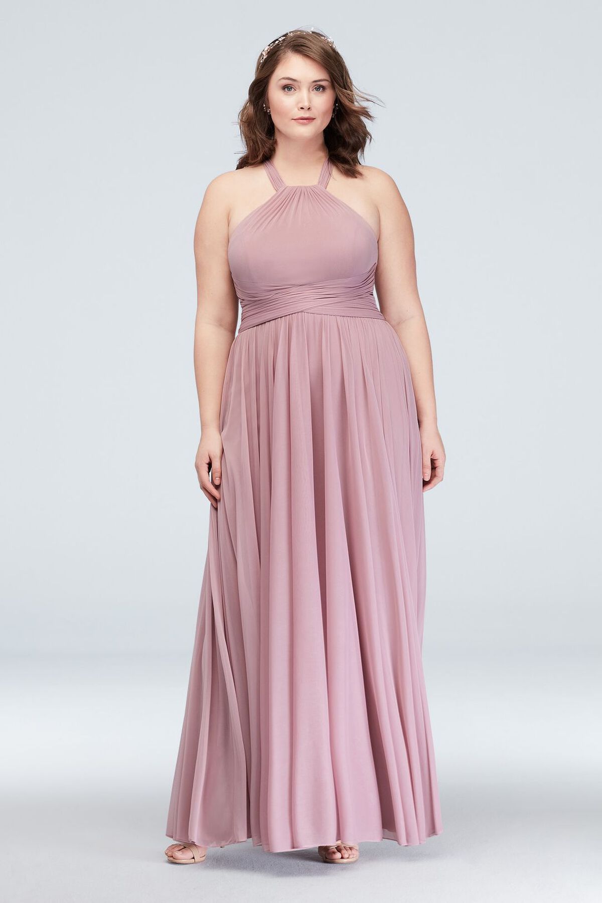 Vestido de dama halter con plisado en cintura, AZUL FRANC&Eacute;S, hi-res