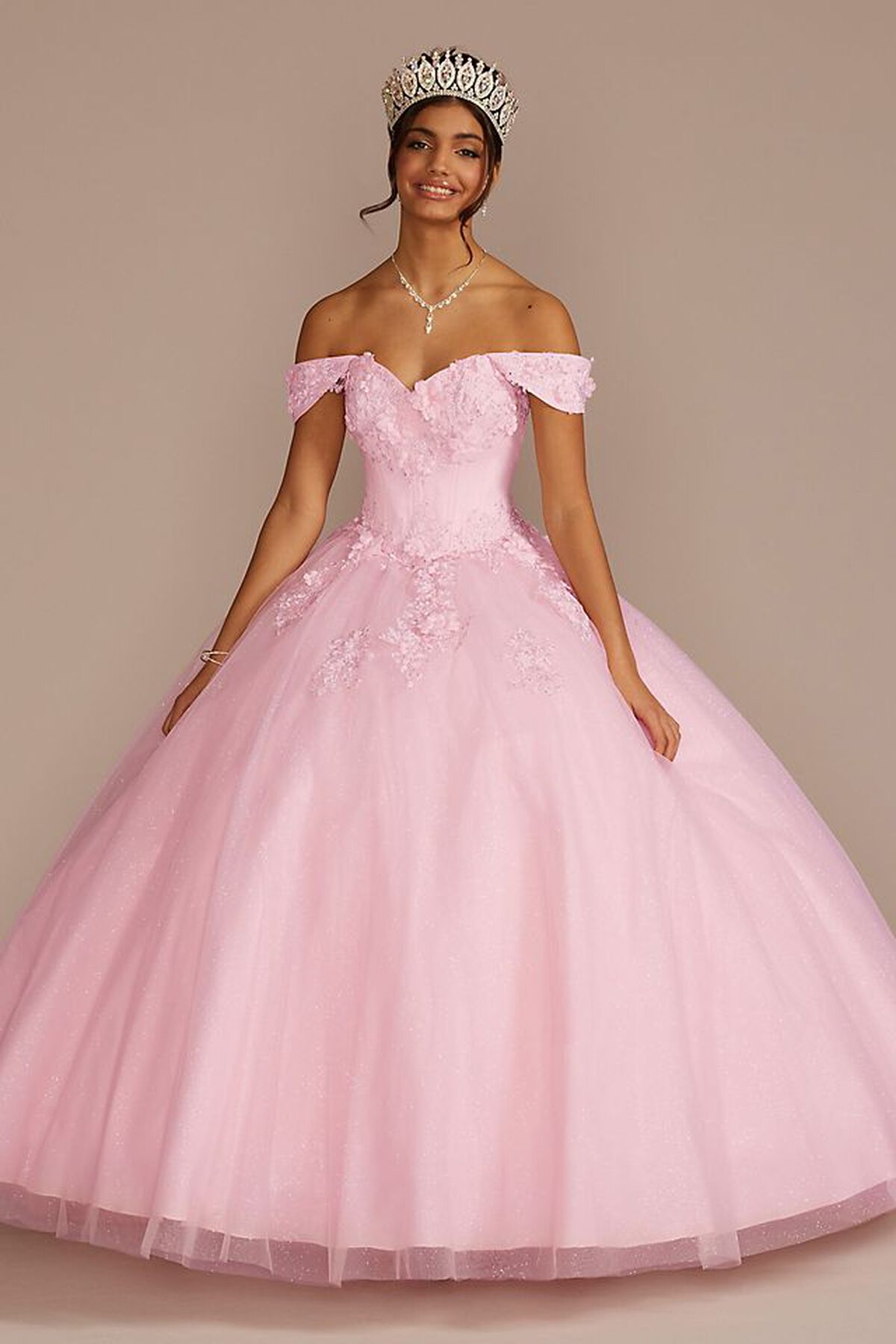 Vestido de quincea&ntilde;era con mangas ca&iacute;das al hombro removibles, ROSA CLARO, hi-res