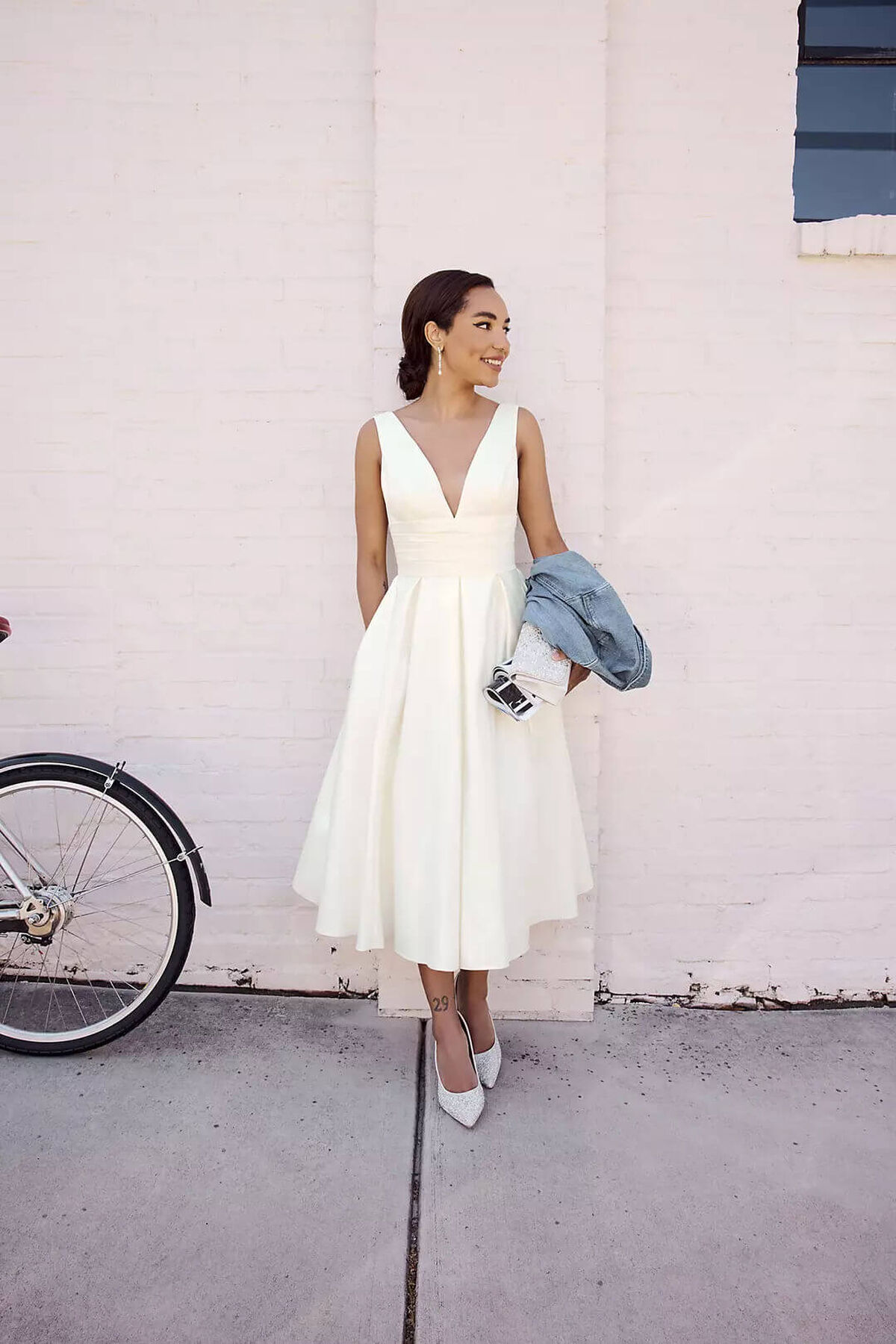 Vestido de novia midi satinado, MARFIL, hi-res
