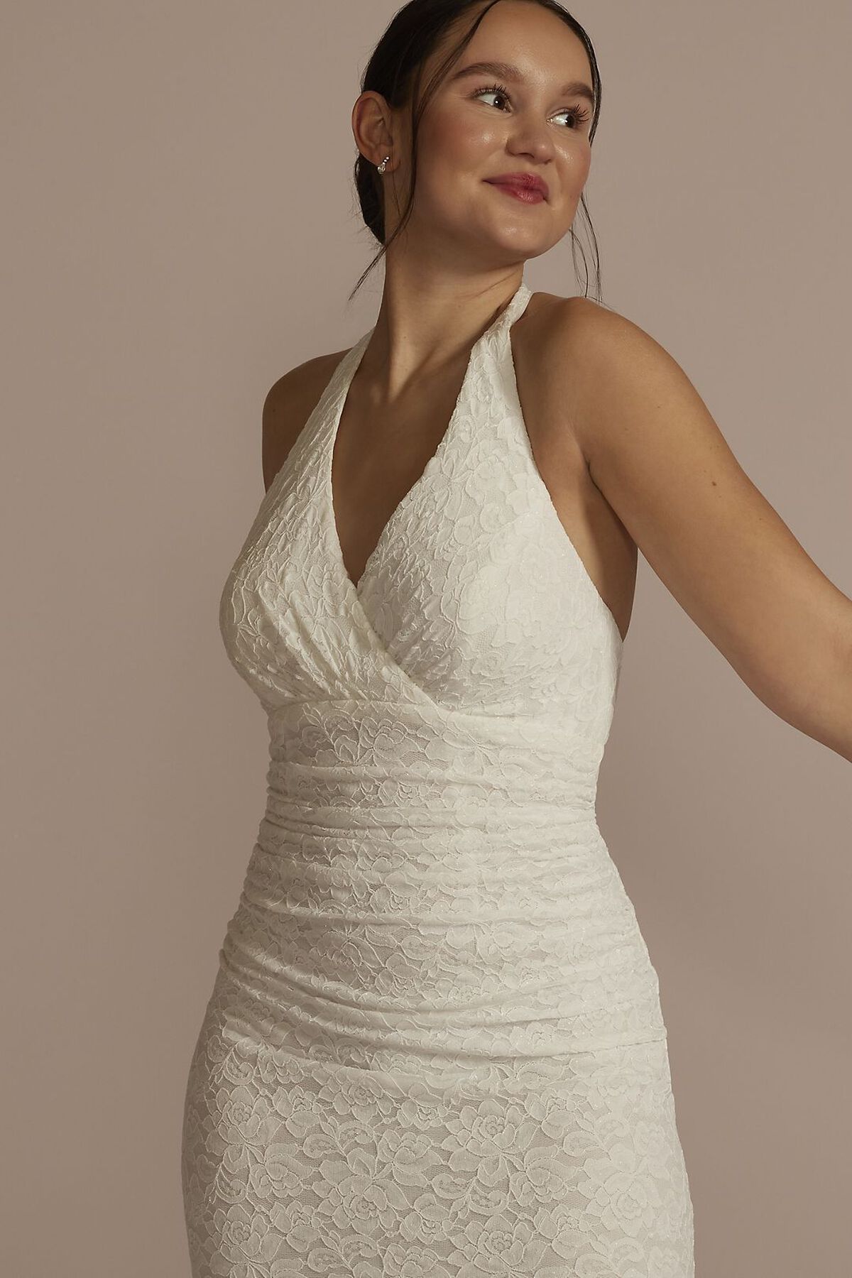 Vestido de novia corto de encaje con escote halter, BLANCO SUAVE, hi-res