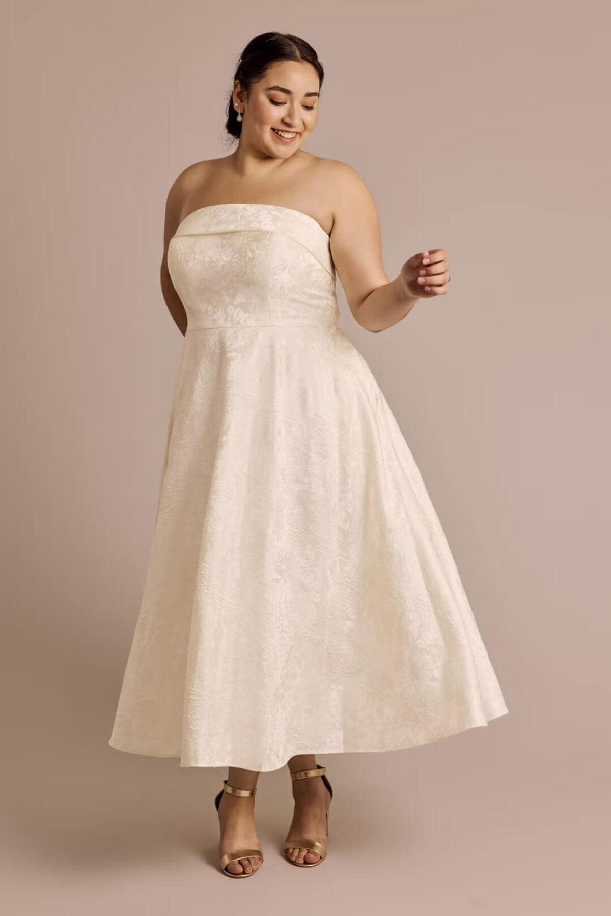 Vestido de novia midi de jaquard floral, MARFIL, hi-res