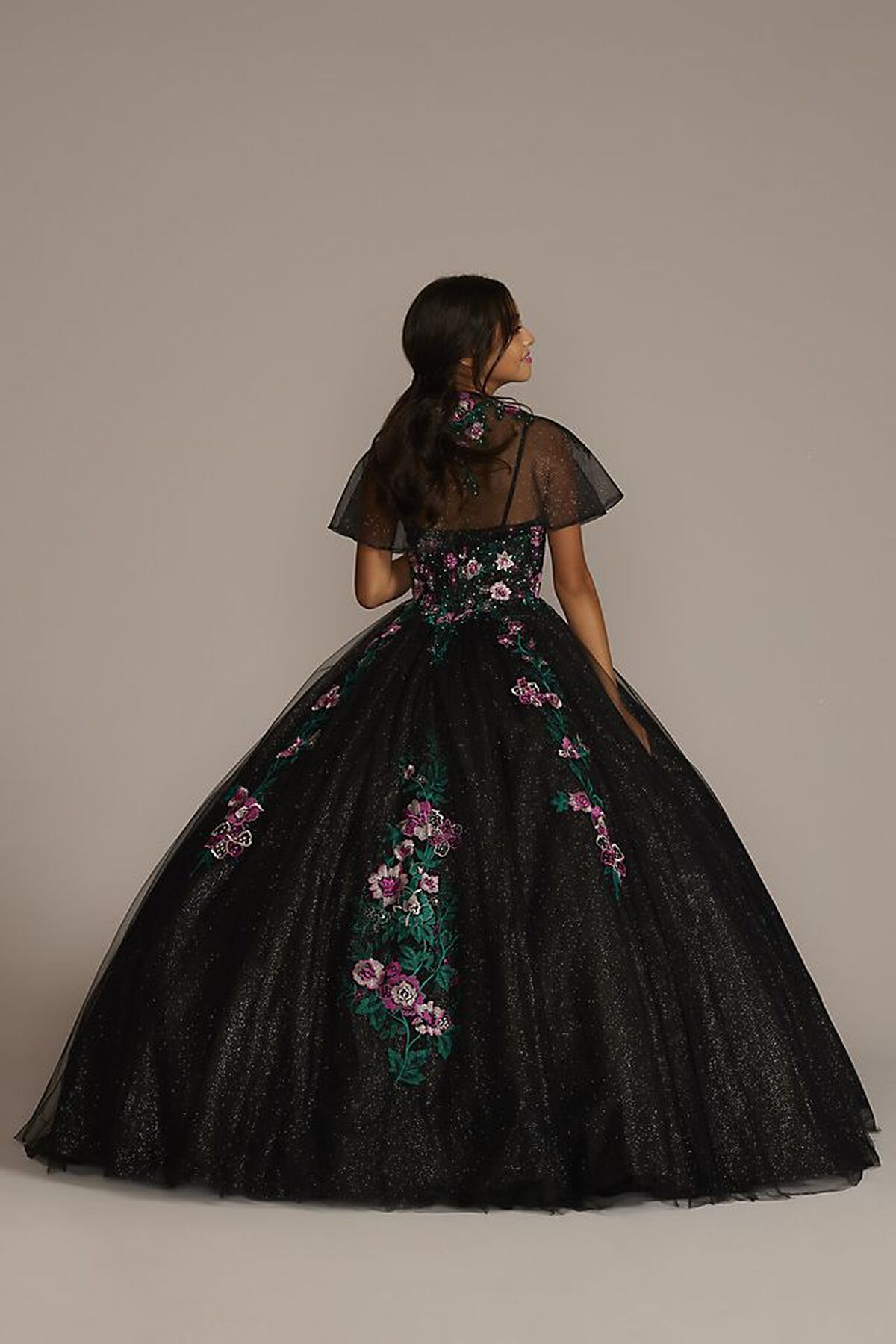 Vestido de quincea&ntilde;era con aplicaciones florales y bolero, NEGRO/MULTI, hi-res