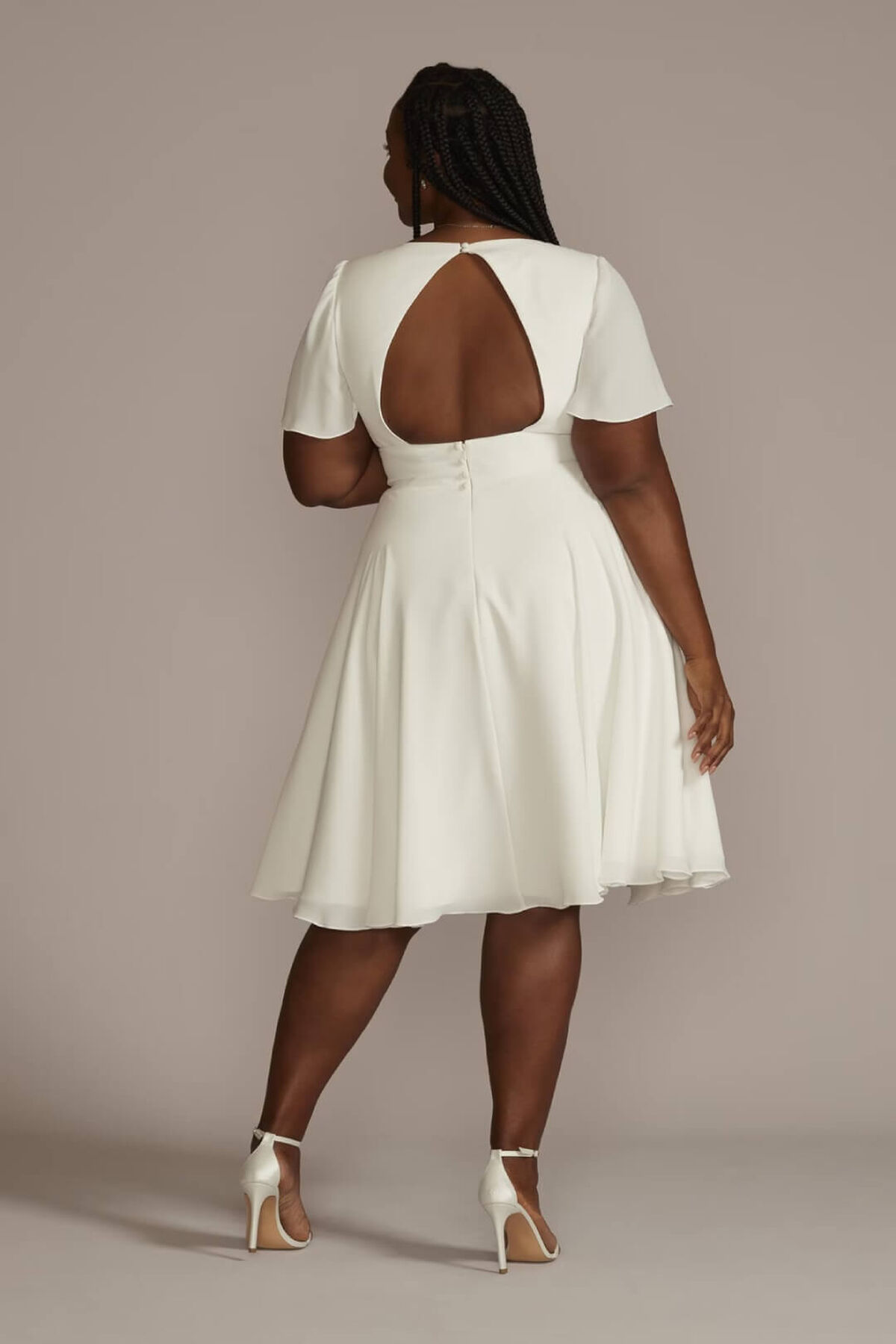 Vestido de novia midi con mangas cortas y escote V, BLANCO SUAVE, hi-res