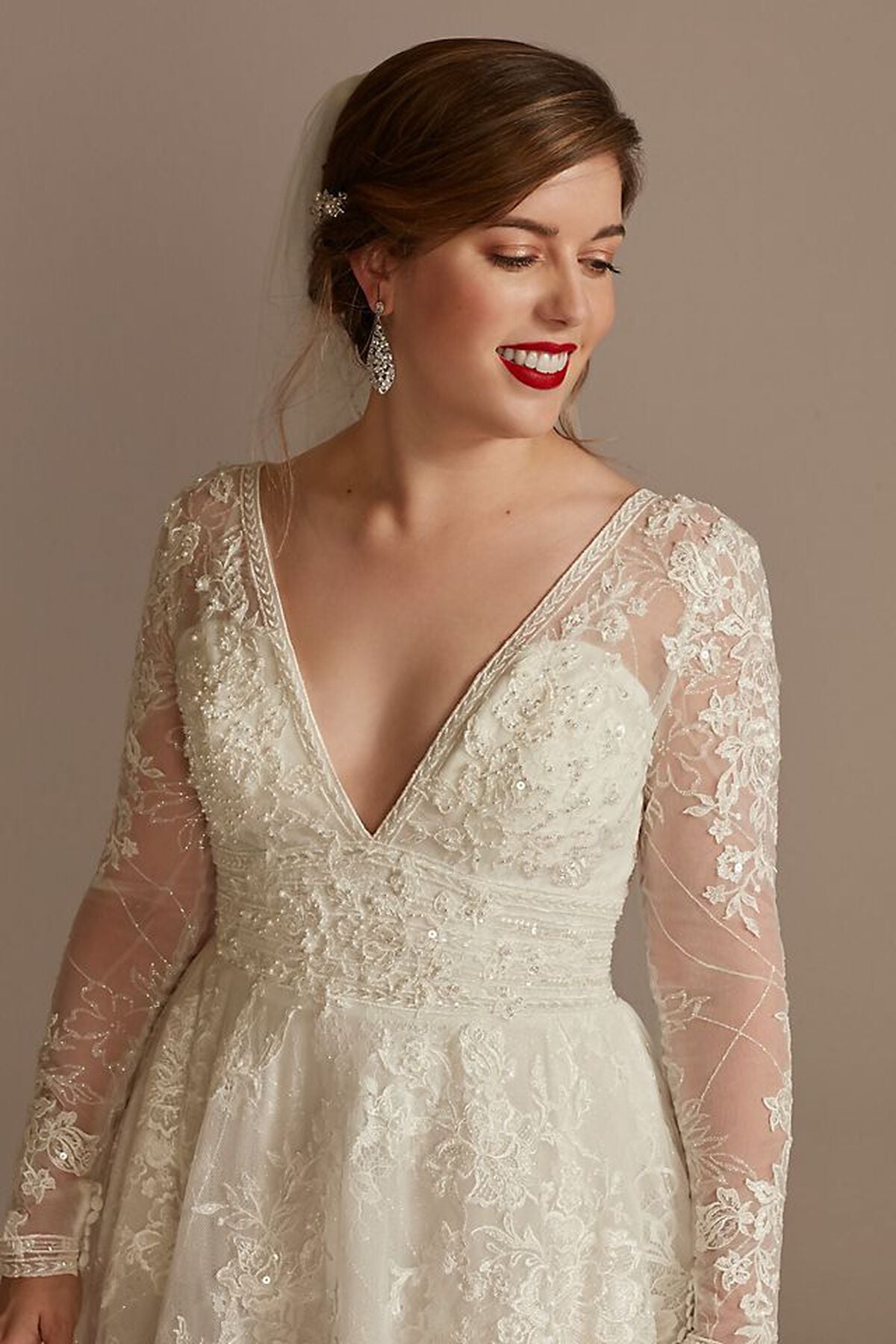 Vestido de novia princesa con mangas largas de encaje, MARFIL, hi-res
