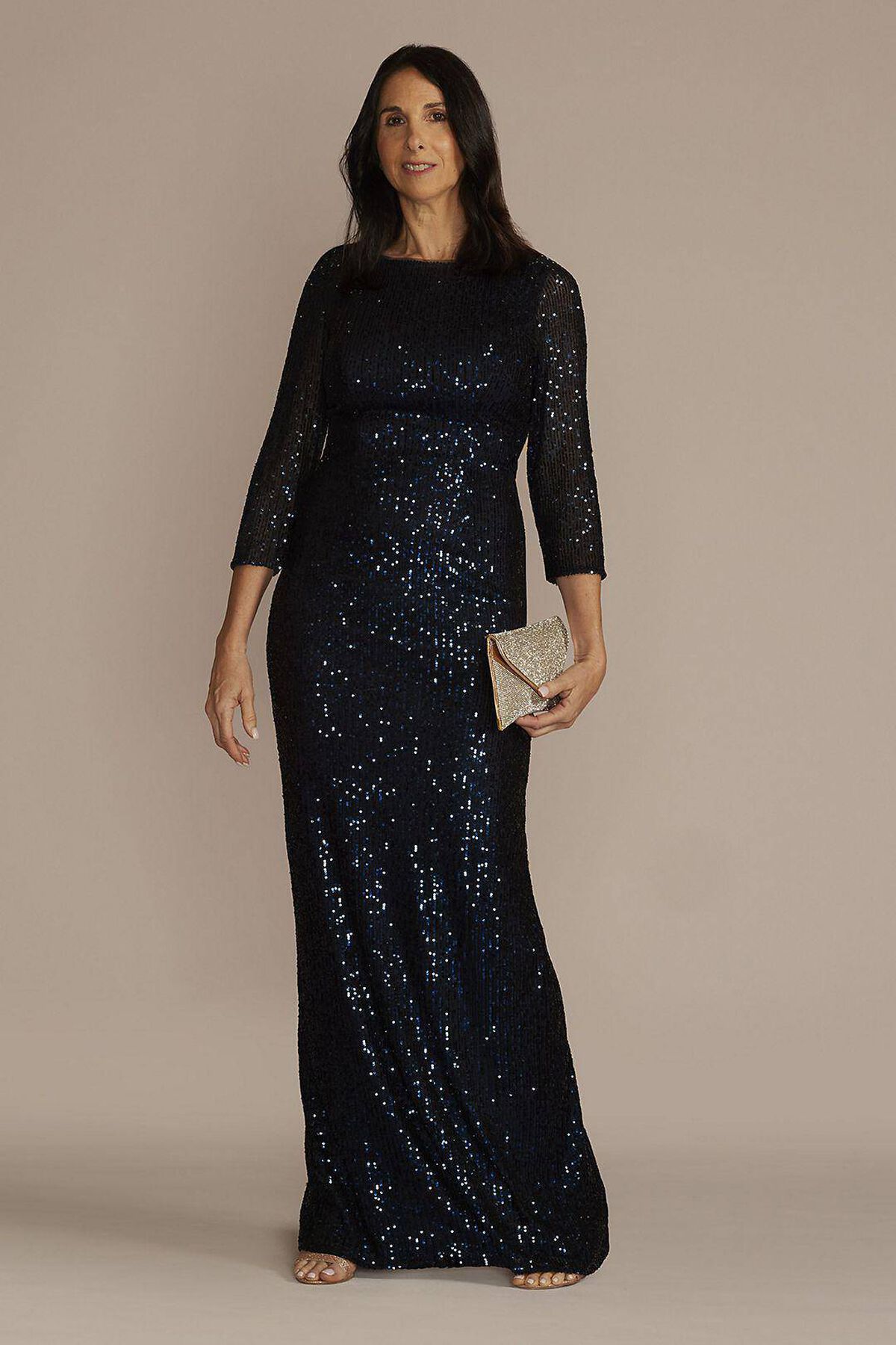 Vestido con escote redondo y textil de aplicaciones en glitter, MARINO, hi-res