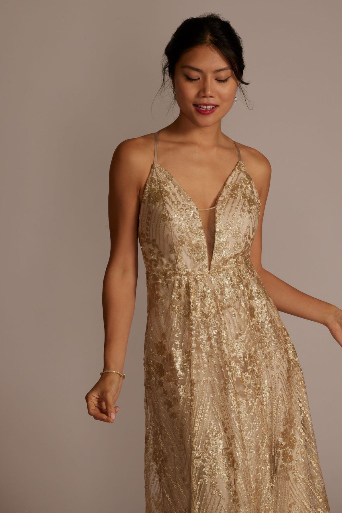 Vestido de dama de encaje y aplicaciones de lentejuela, ORO ROSA, hi-res